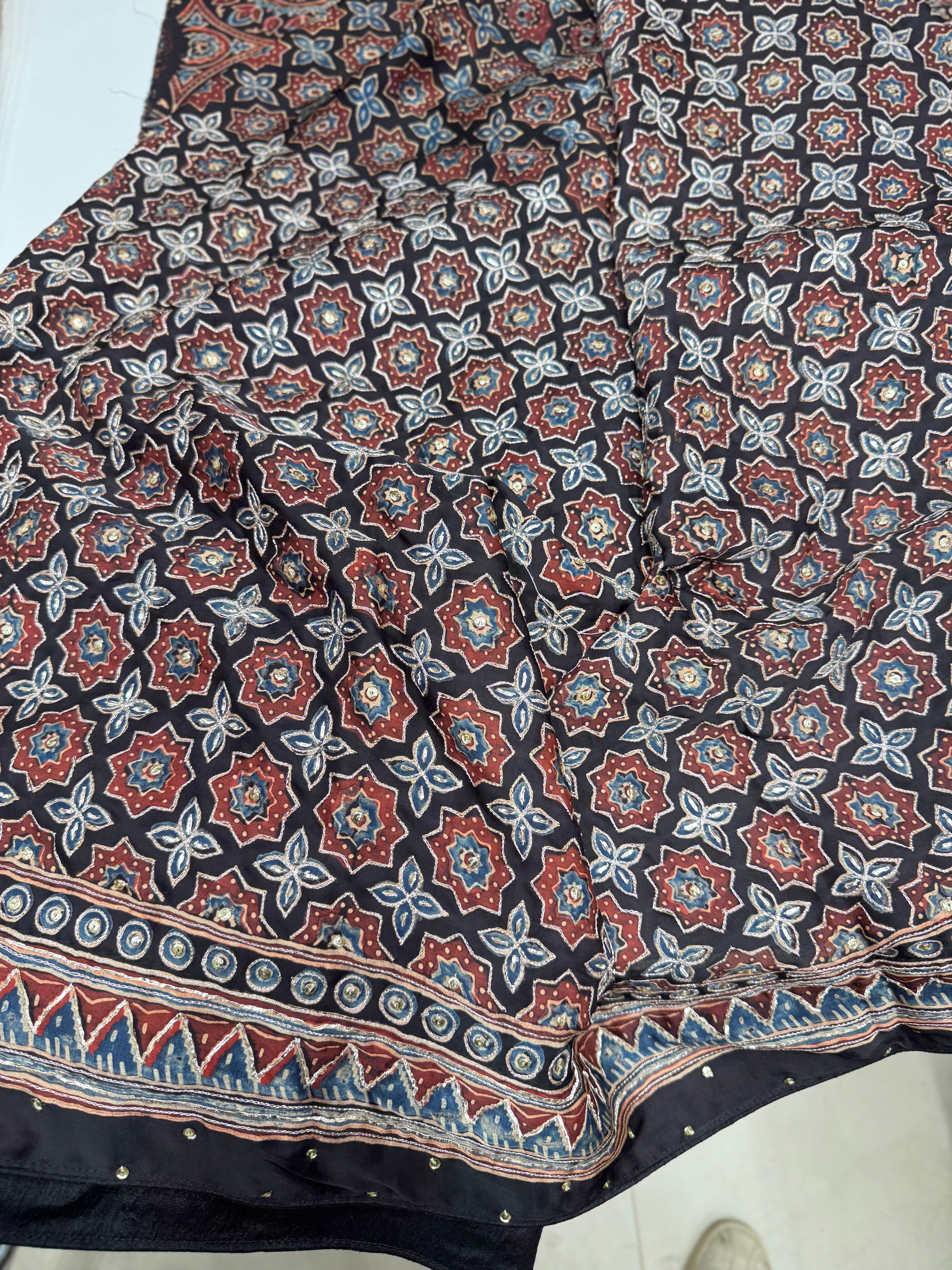 Ajrakh Hand Embroidery Saree Contemporary