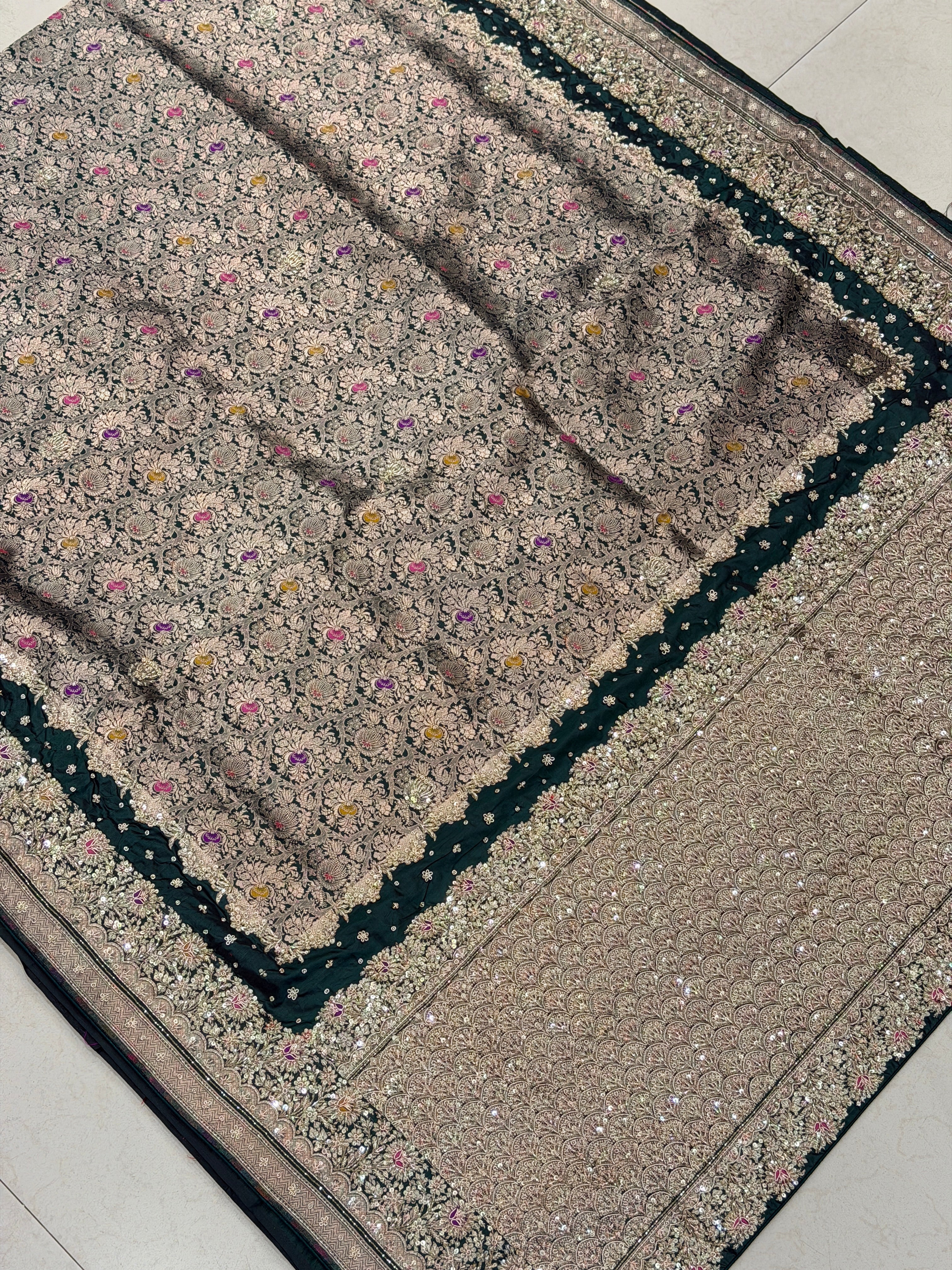 Bottle Green Meenakari Double Border Handloom Banarasi Pure Katan Zardosi Embroidery Saree
