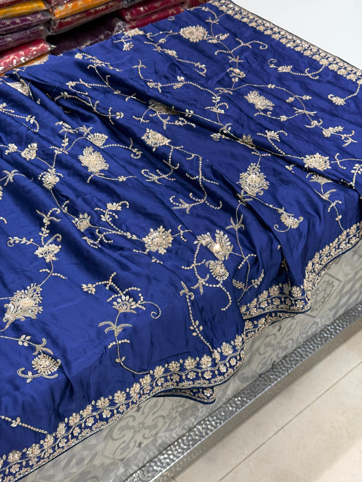 Blue Satin Silk Moti Sequin Jaal Hand Embroidery Saree