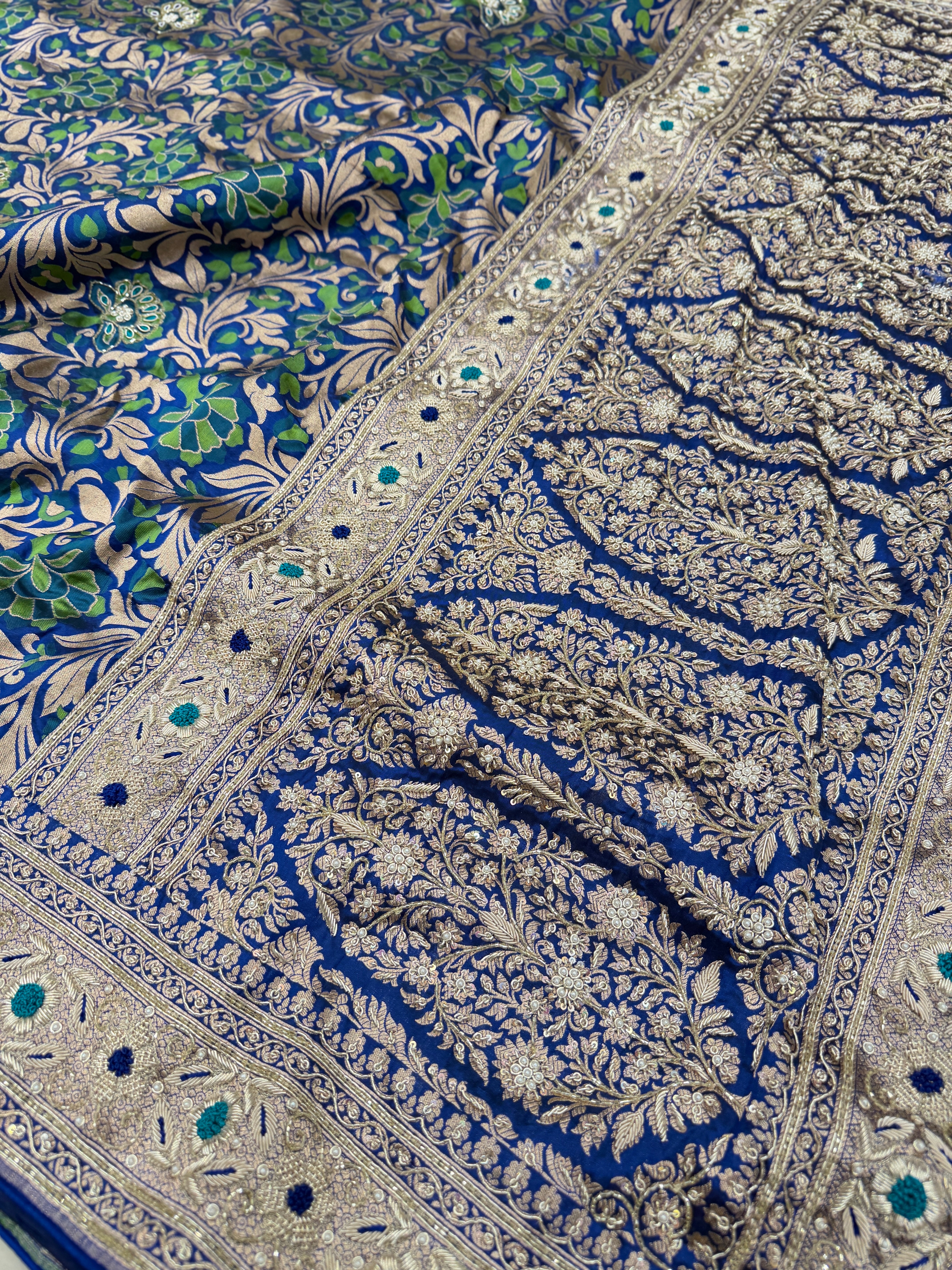 Blue Green Floral Handloom Banarasi Katan Silk Zardosi Hand Embroidery Saree