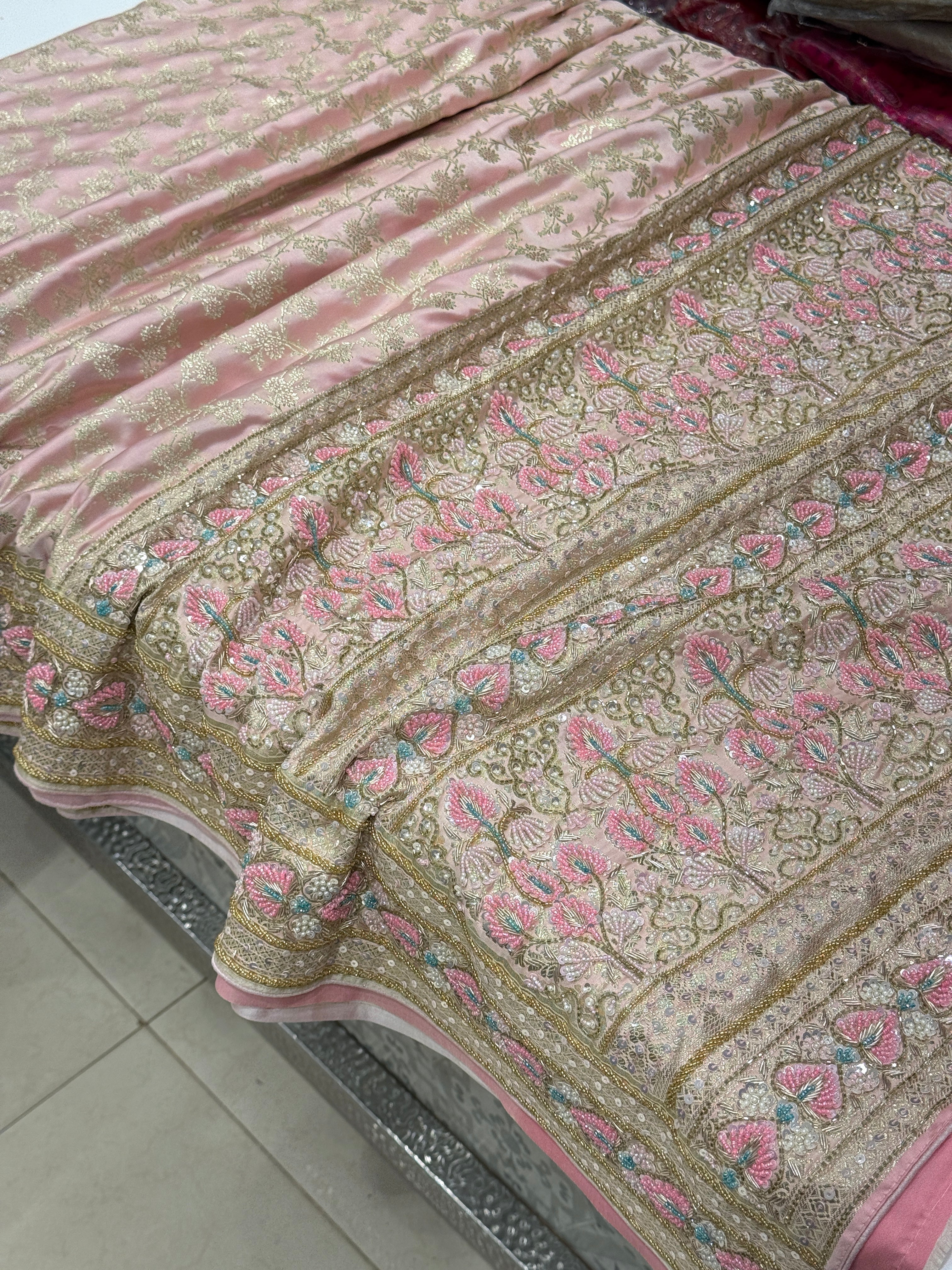 Pink Banarasi Silk Heart Border Fancy Hand Embroidery Saree