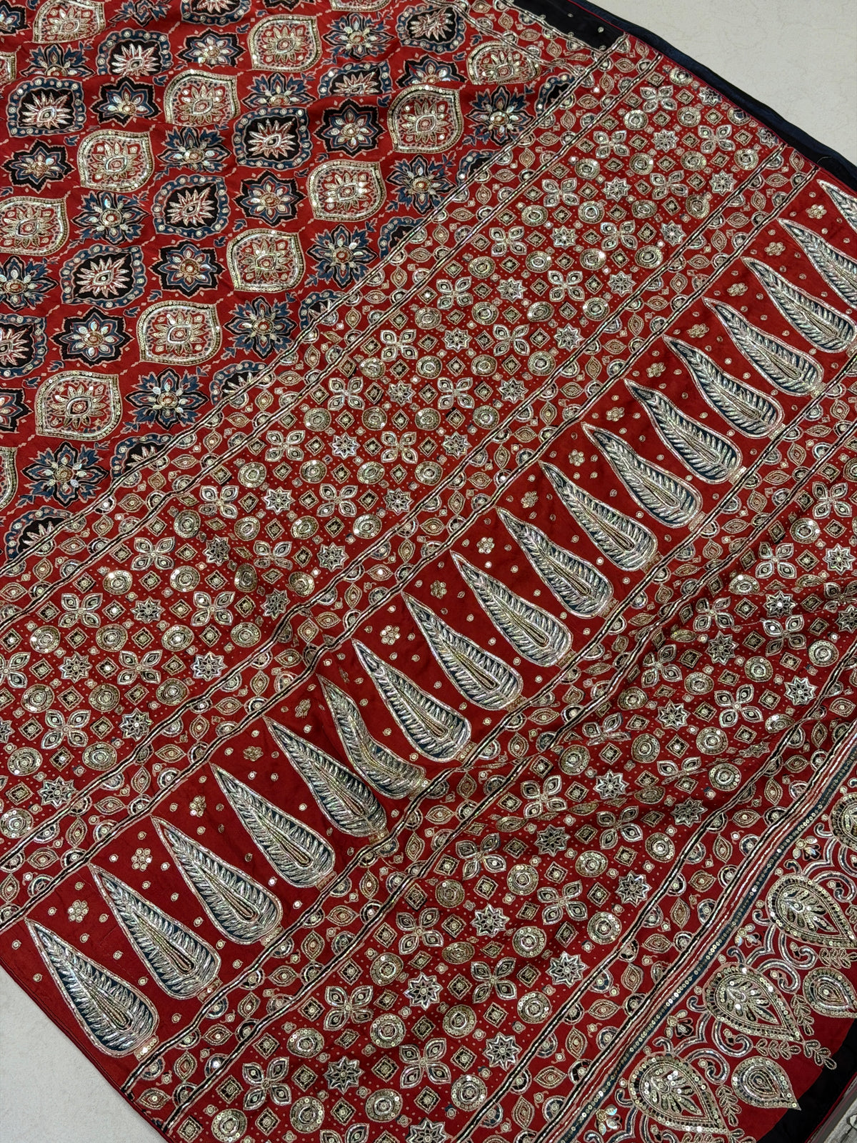 Red Blue Half Half Badam Jaal Pita Zardosi Sequin Ajrakh Hand Embroidery Saree