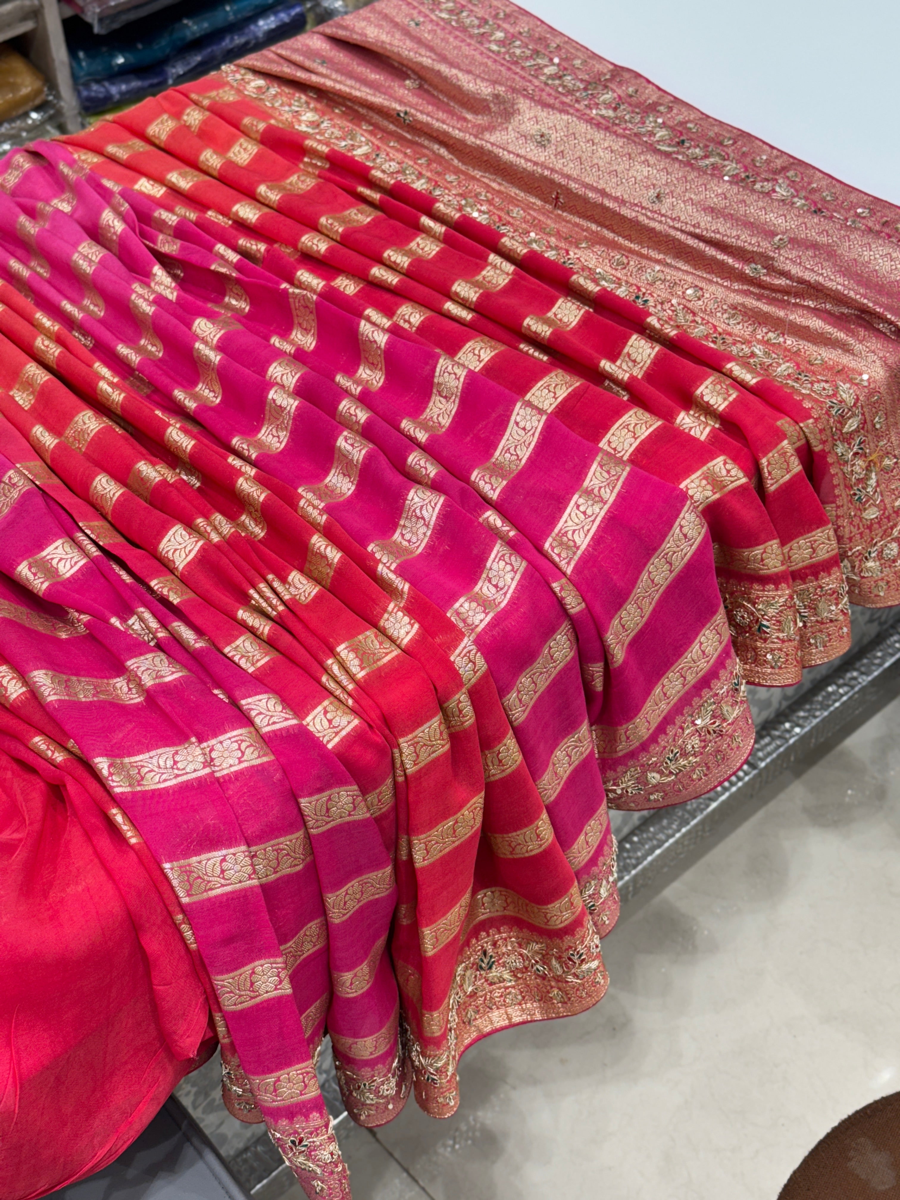 Shaded Satin Organza Zardosi Saree Leheriya Style