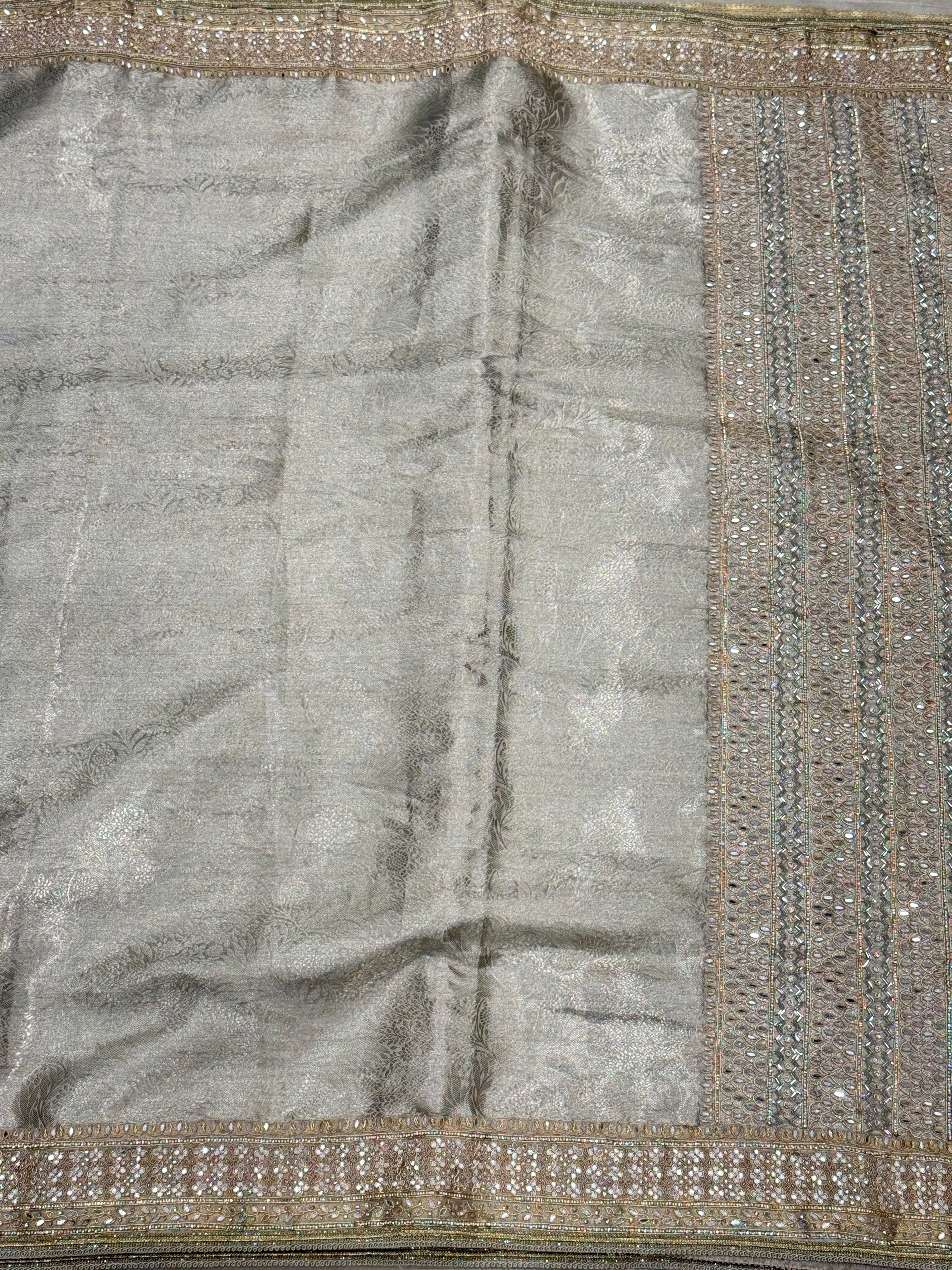 Silver Tissue Kanjivaram Hand Embroidery Saree