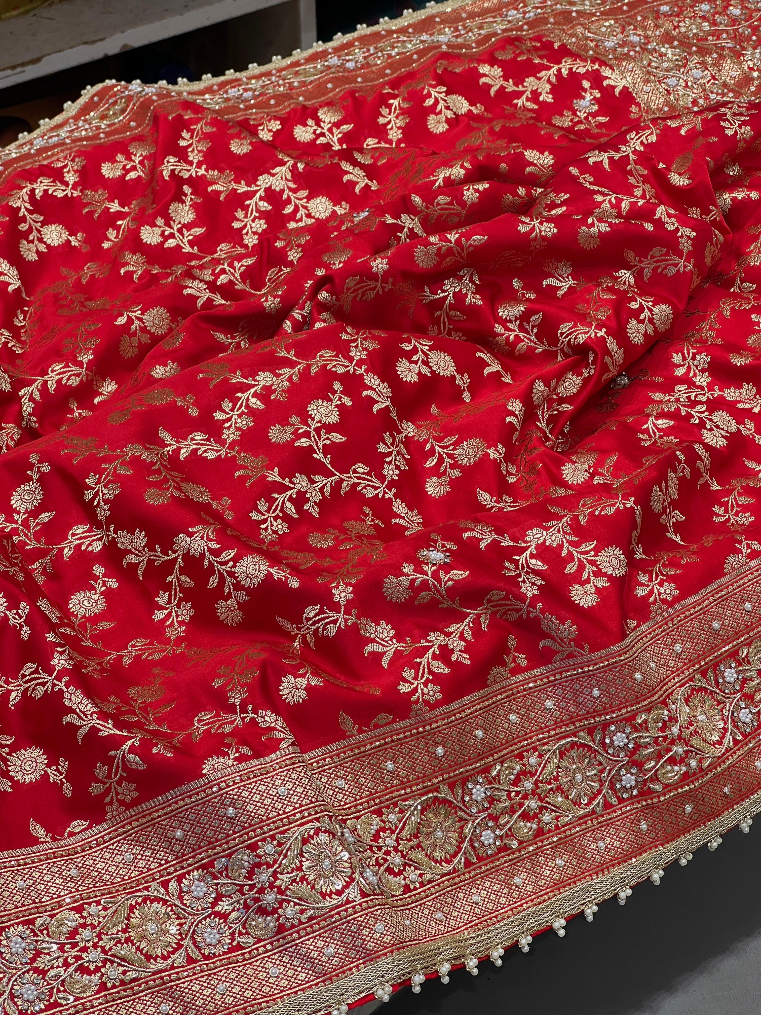 Red Banarasi Silk Flower Jaal Hand Embroidery Saree 2.0