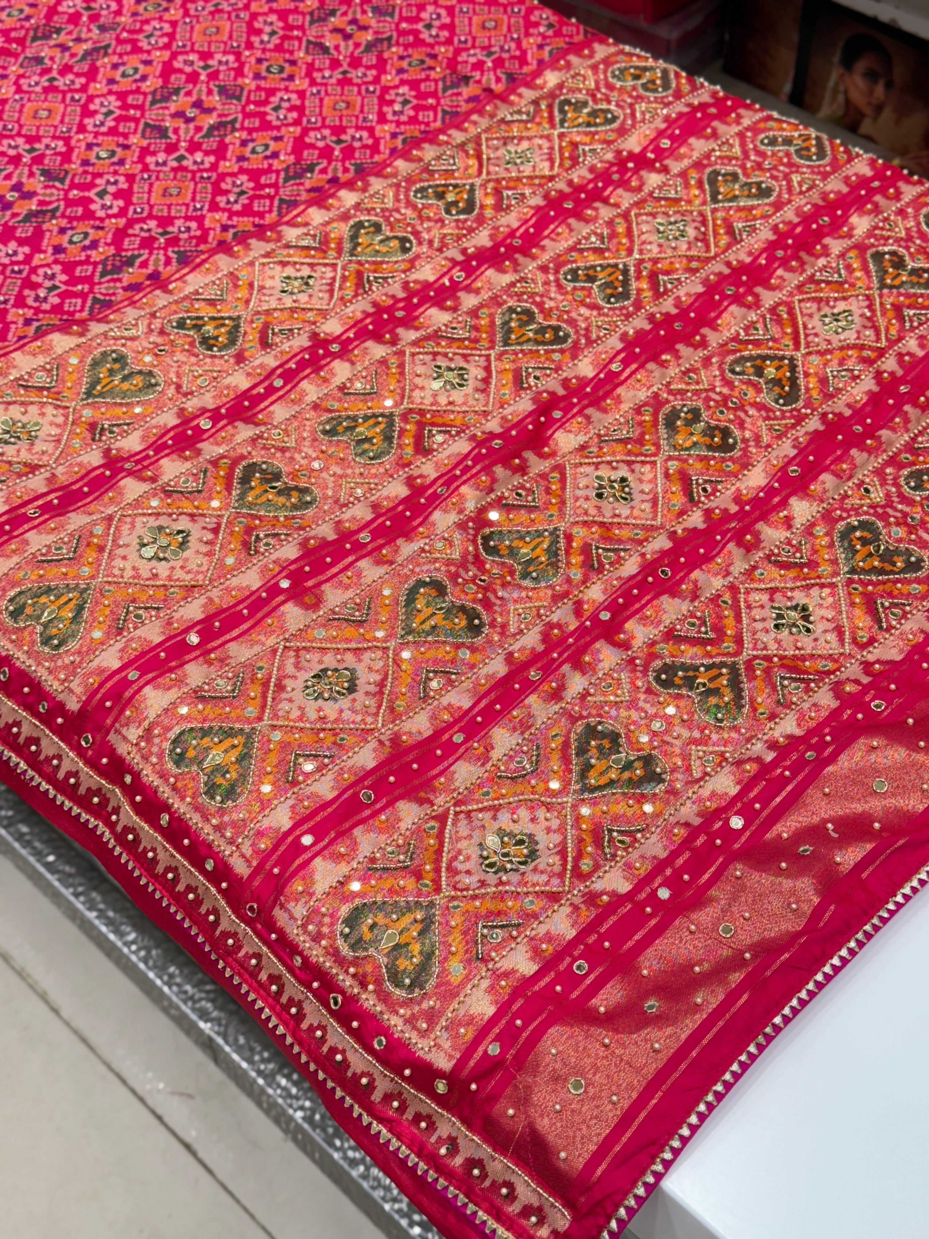 Rani Patola Moti Kutchi Embroidered Saree