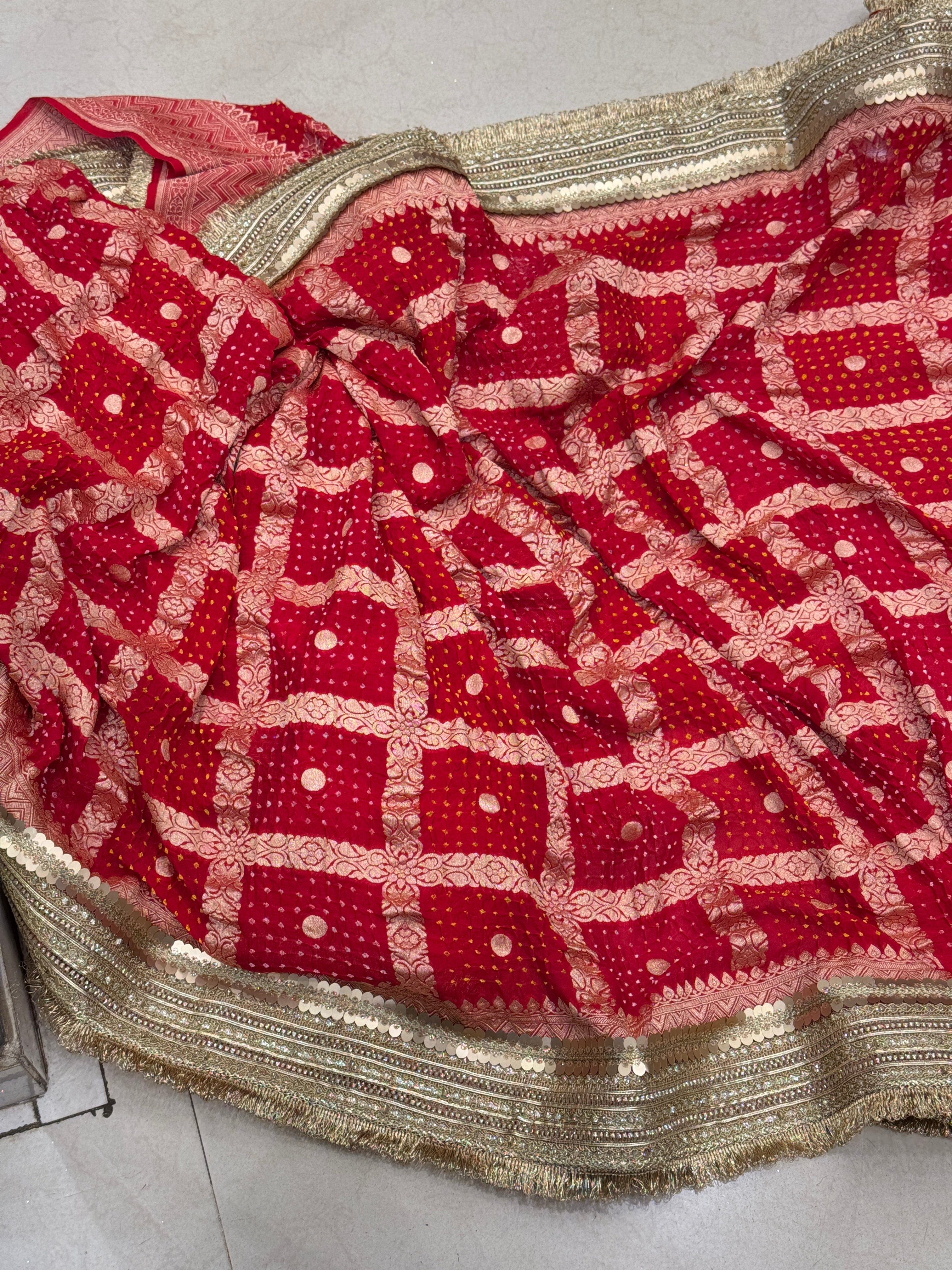 Red Bandhej Maharani Style Saree