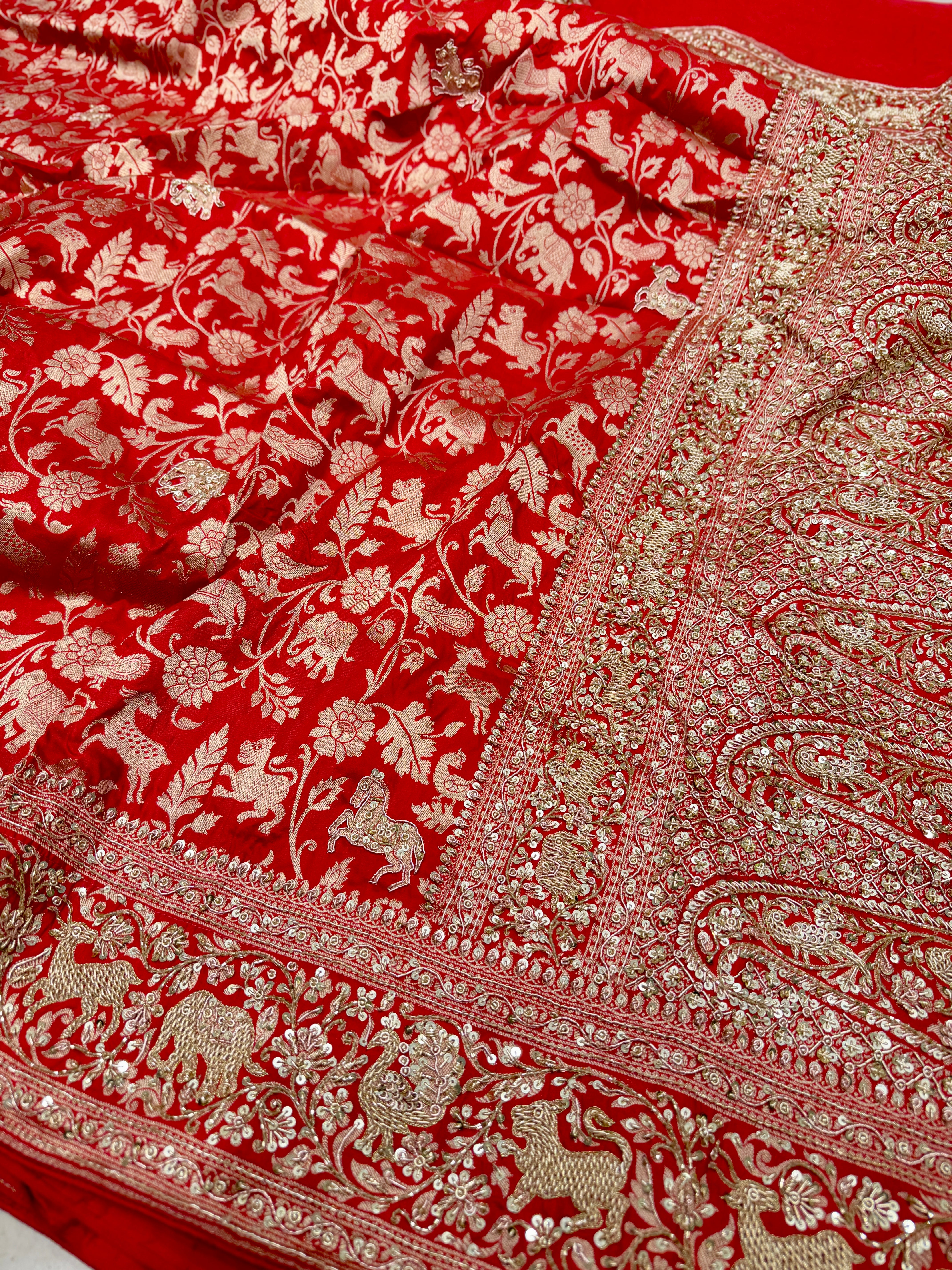 Red Banarasi Shikara Zardosi Hand Embroidery Saree