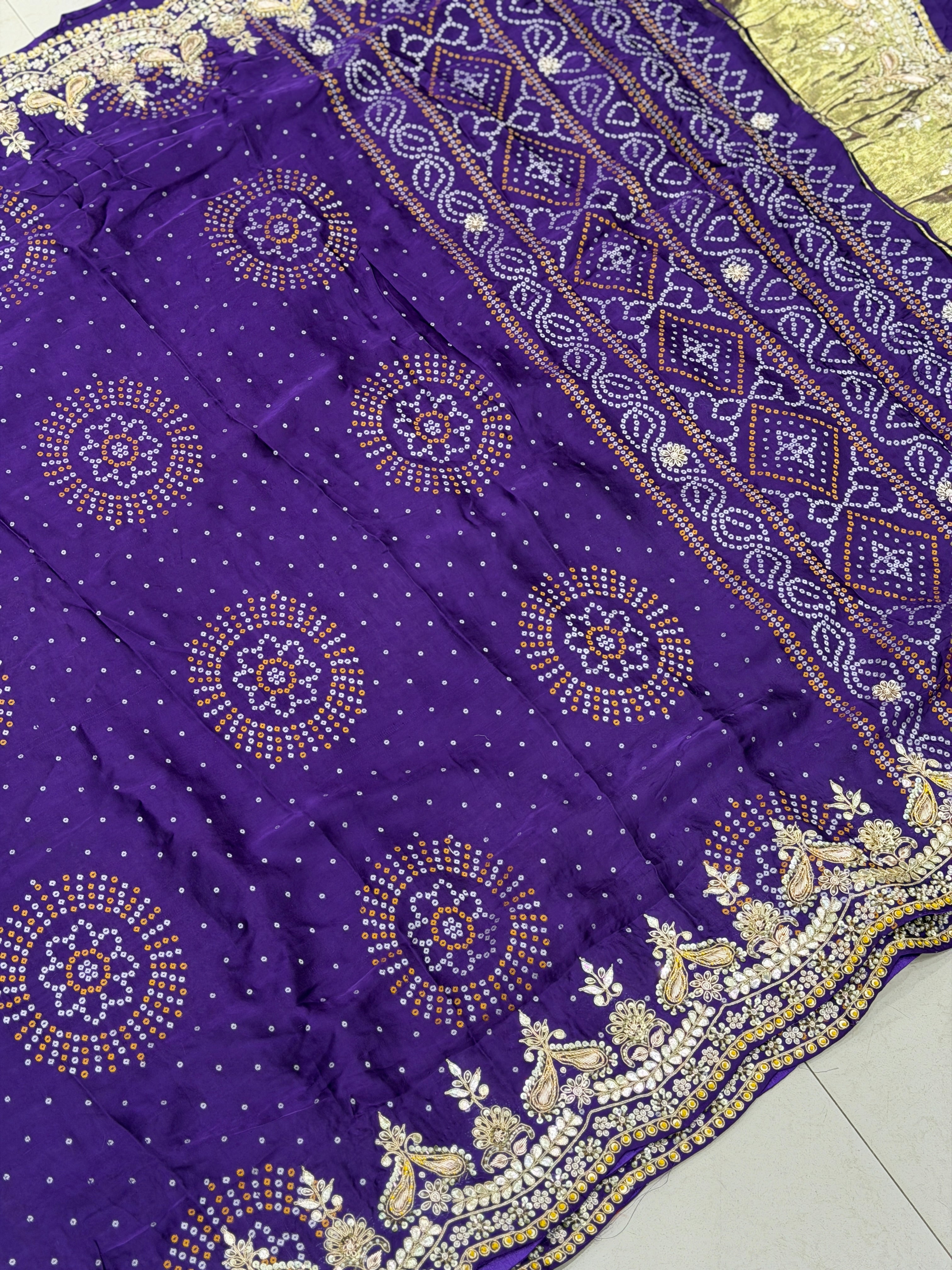 Violet Gajji Silk Woven Bandhej Zardosi Marodi Hand Embroidery Saree