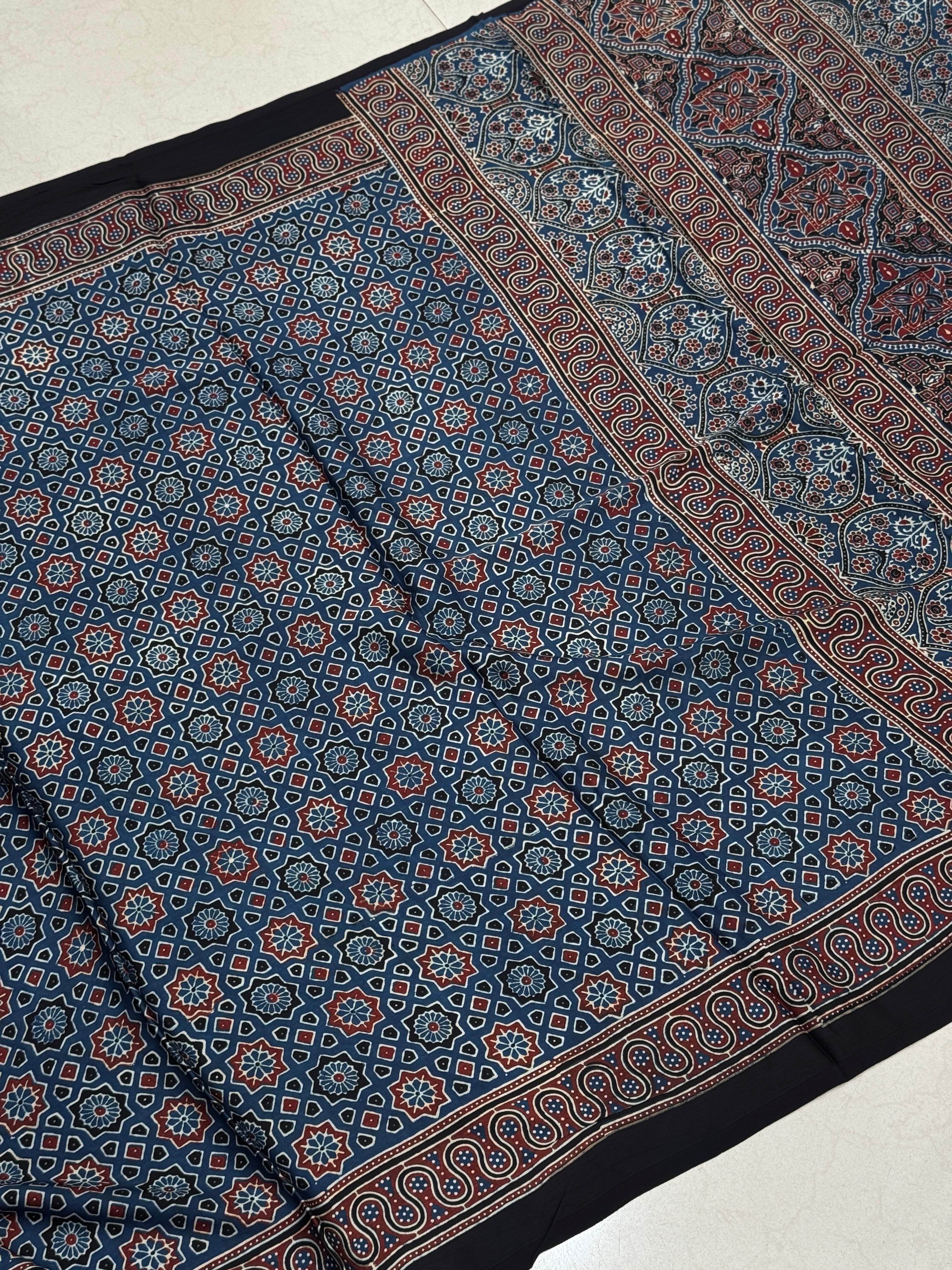 Blue Star Hand Block Print Ajrkah Pure Gajji Silk Saree