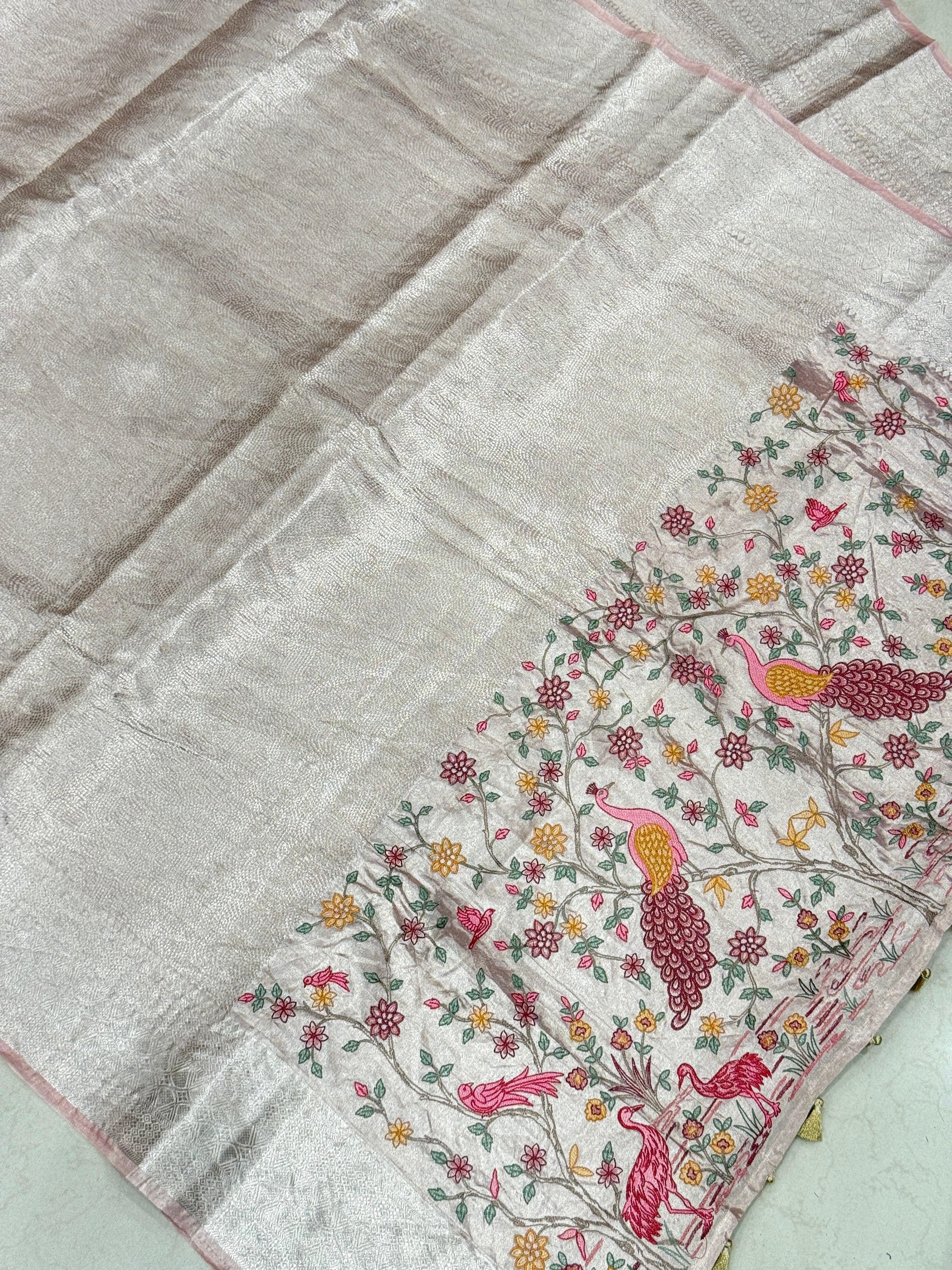 Crimson Silver Handloom Tissue Peacock Contemporary Resham Embroidery Saree