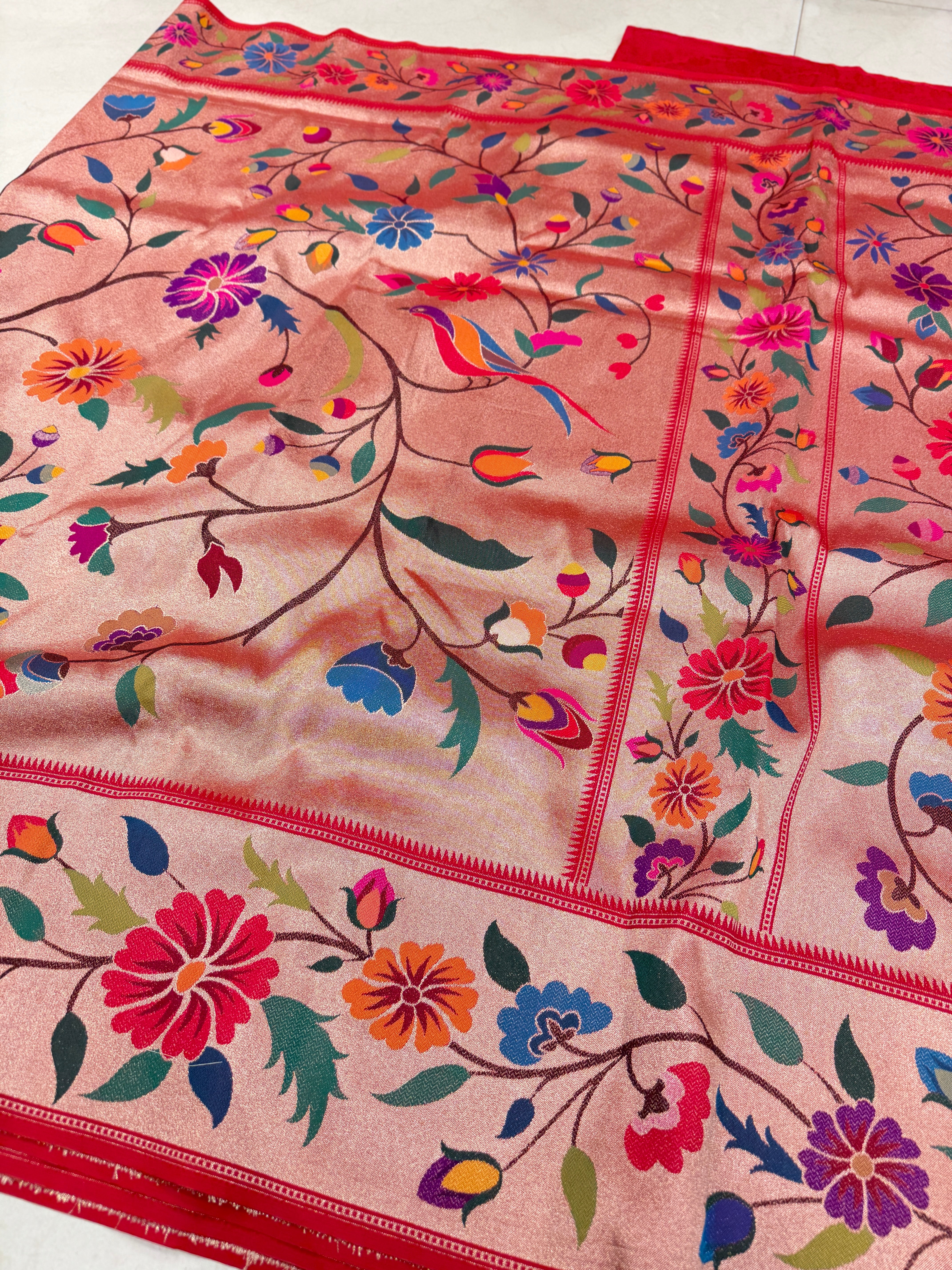 Golden Red Tissue Silk Paithani Meenakari Jaal Saree