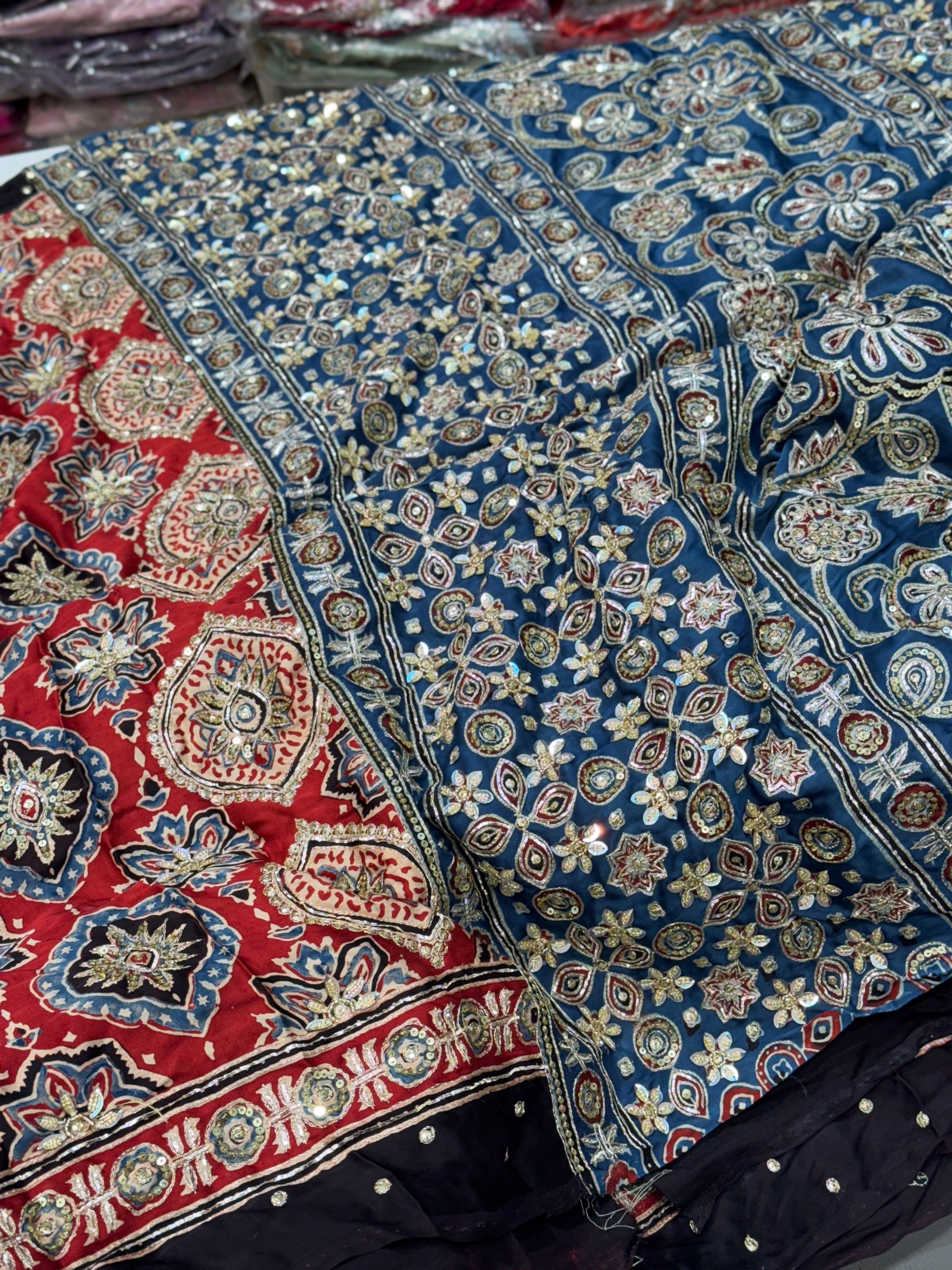 Red Blue Pallu Badam Jaal Ajrakh Hand Embroidery Saree