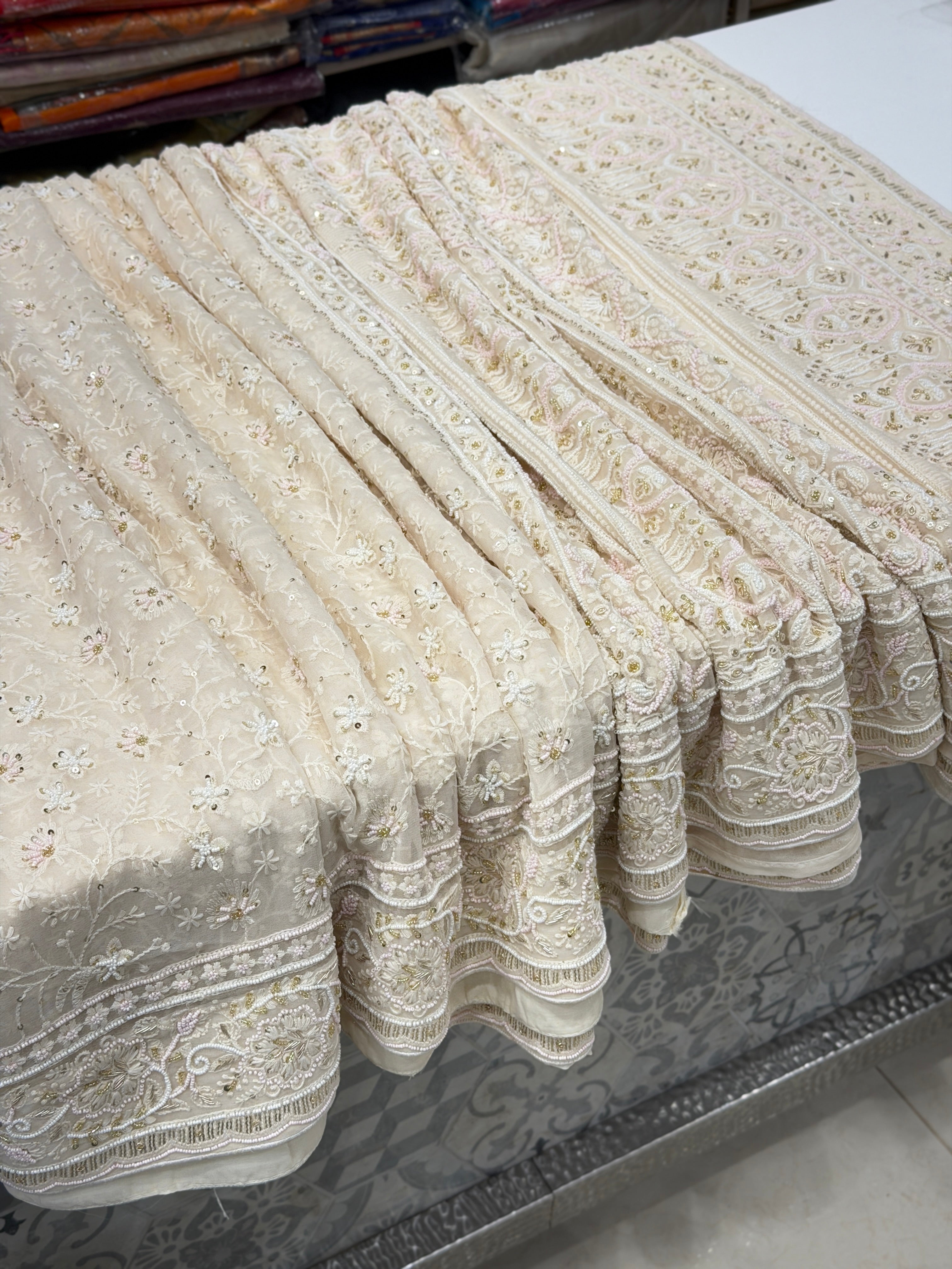 White Chikankari Kidiya Moti Zardosi Hand Embroidery Saree