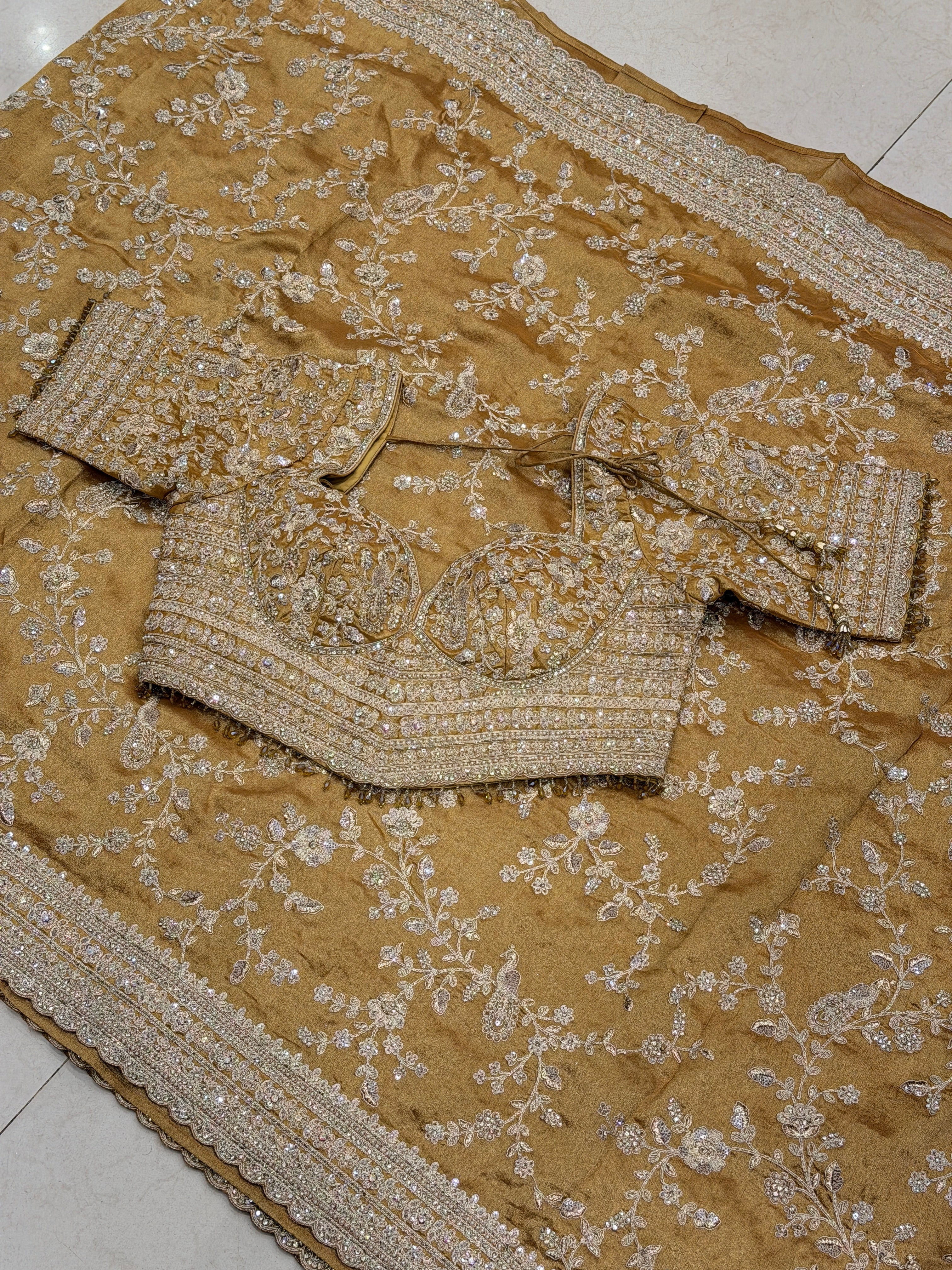 Yellow Tissue Embroidery Jaal Ready Blouse Saree