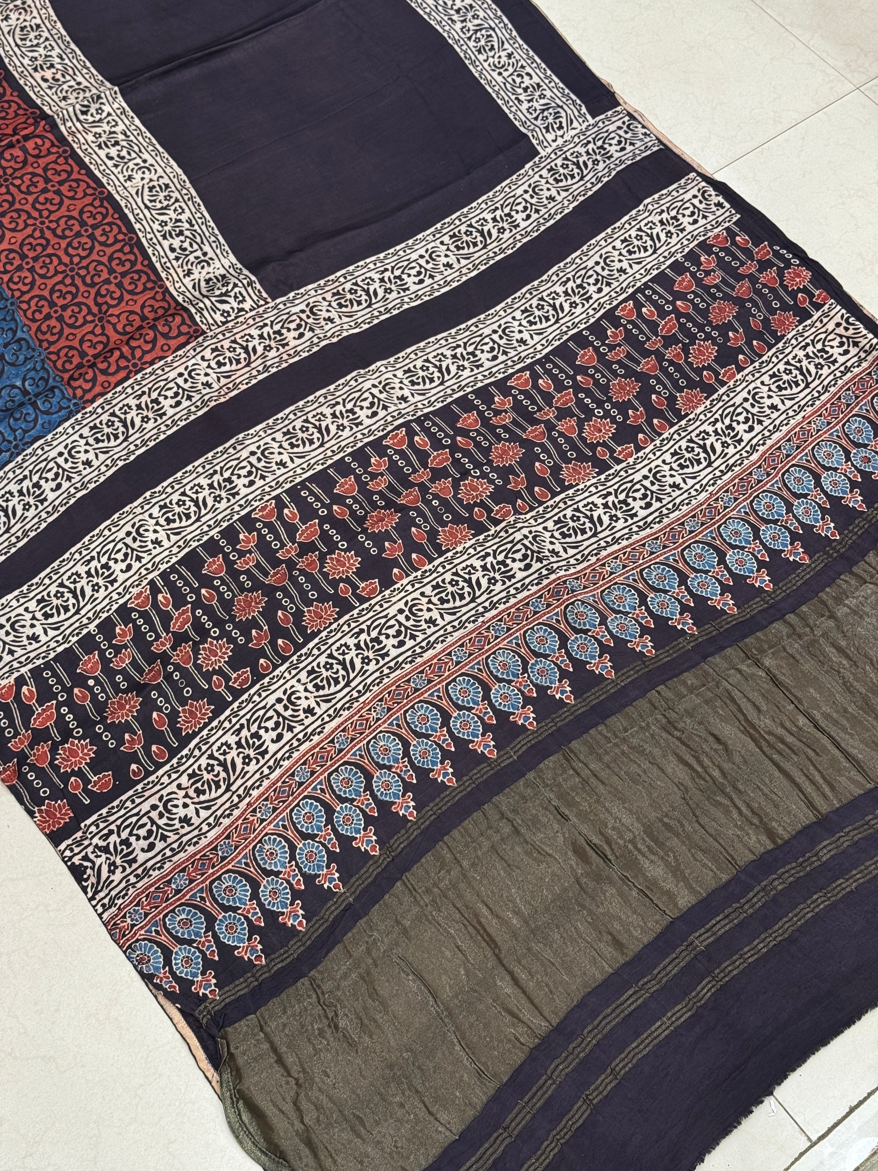 Black Multi Lagdi Patta Ajrakh Saree Modal Gajji Silk Hand Block Print