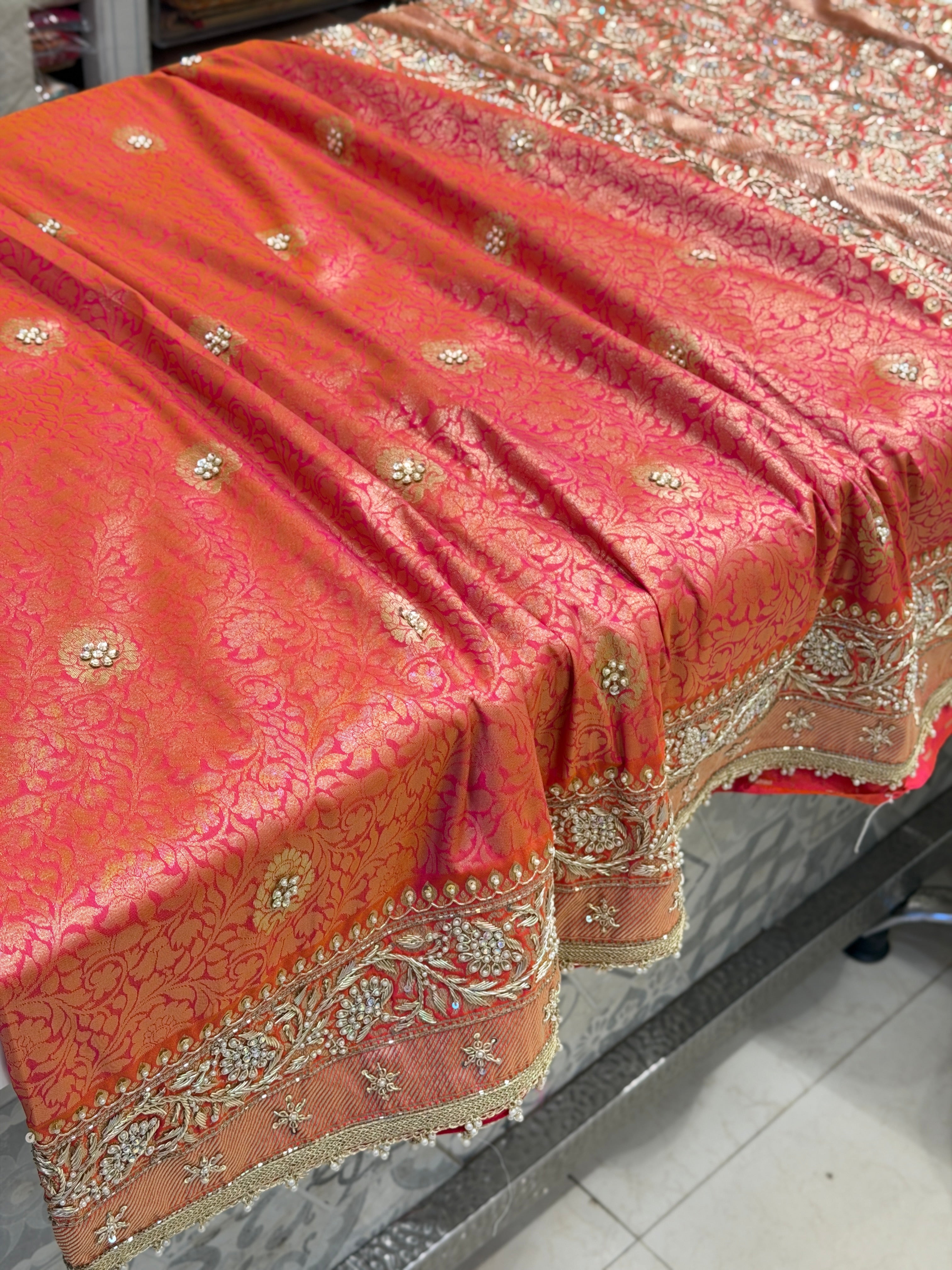 Rani Dhupchav Banarasi Zardosi Hand Embroidery Brocade Saree