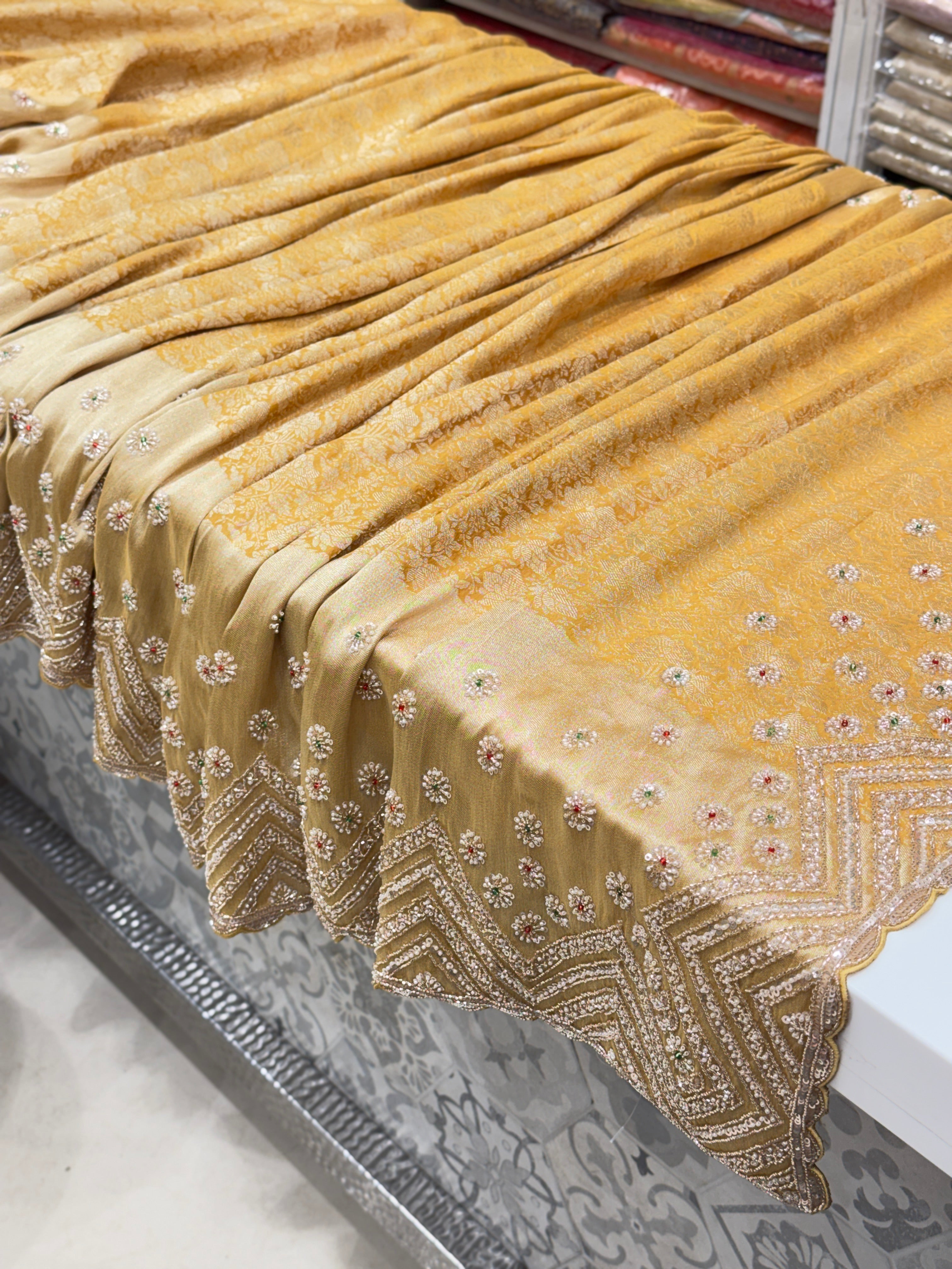 Yellow Floral Weave Soft Silk Moti Crystal Embroidery Saree