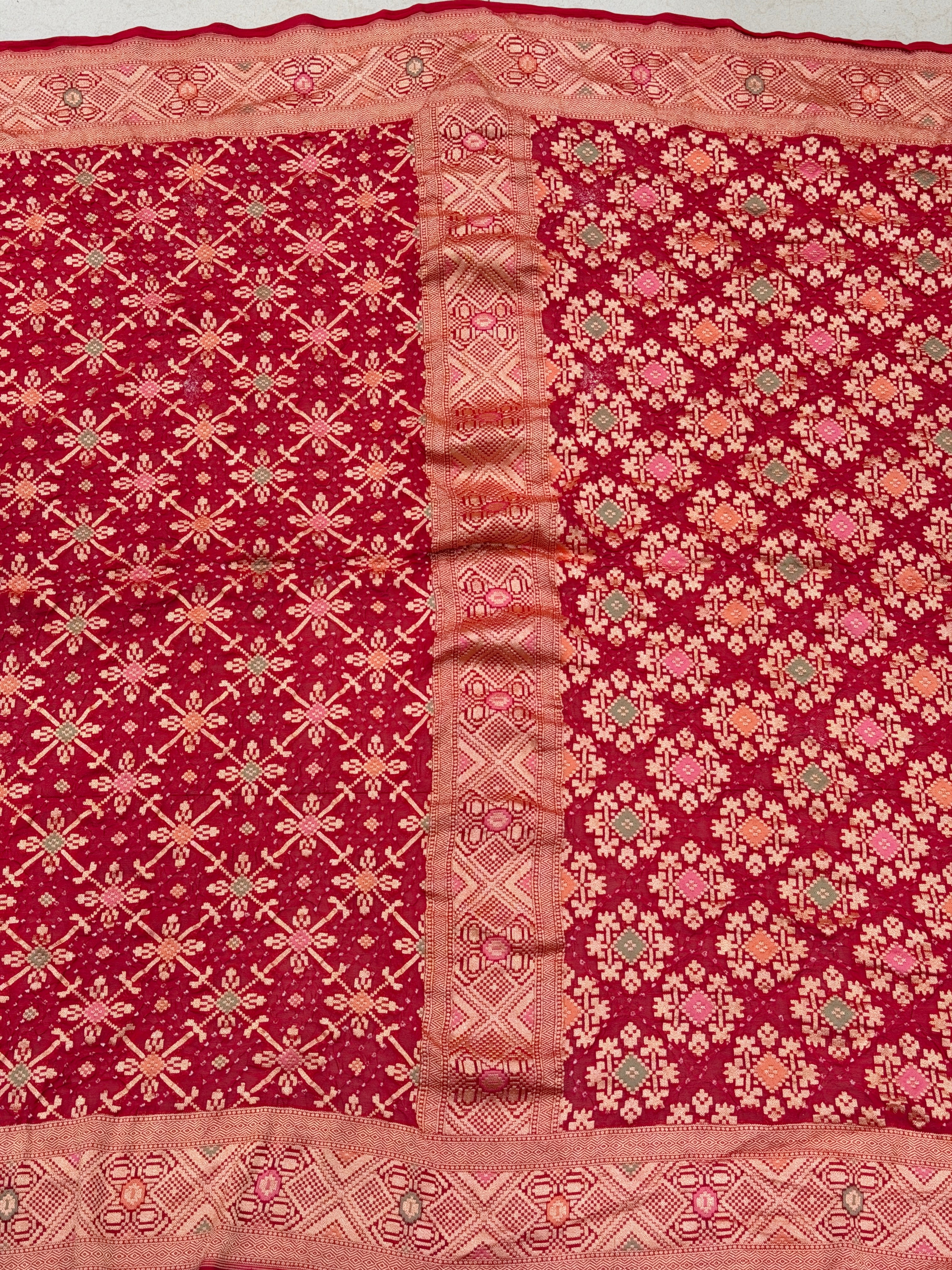 Red Patola Weave Meenakari Georgette Bandhej Saree