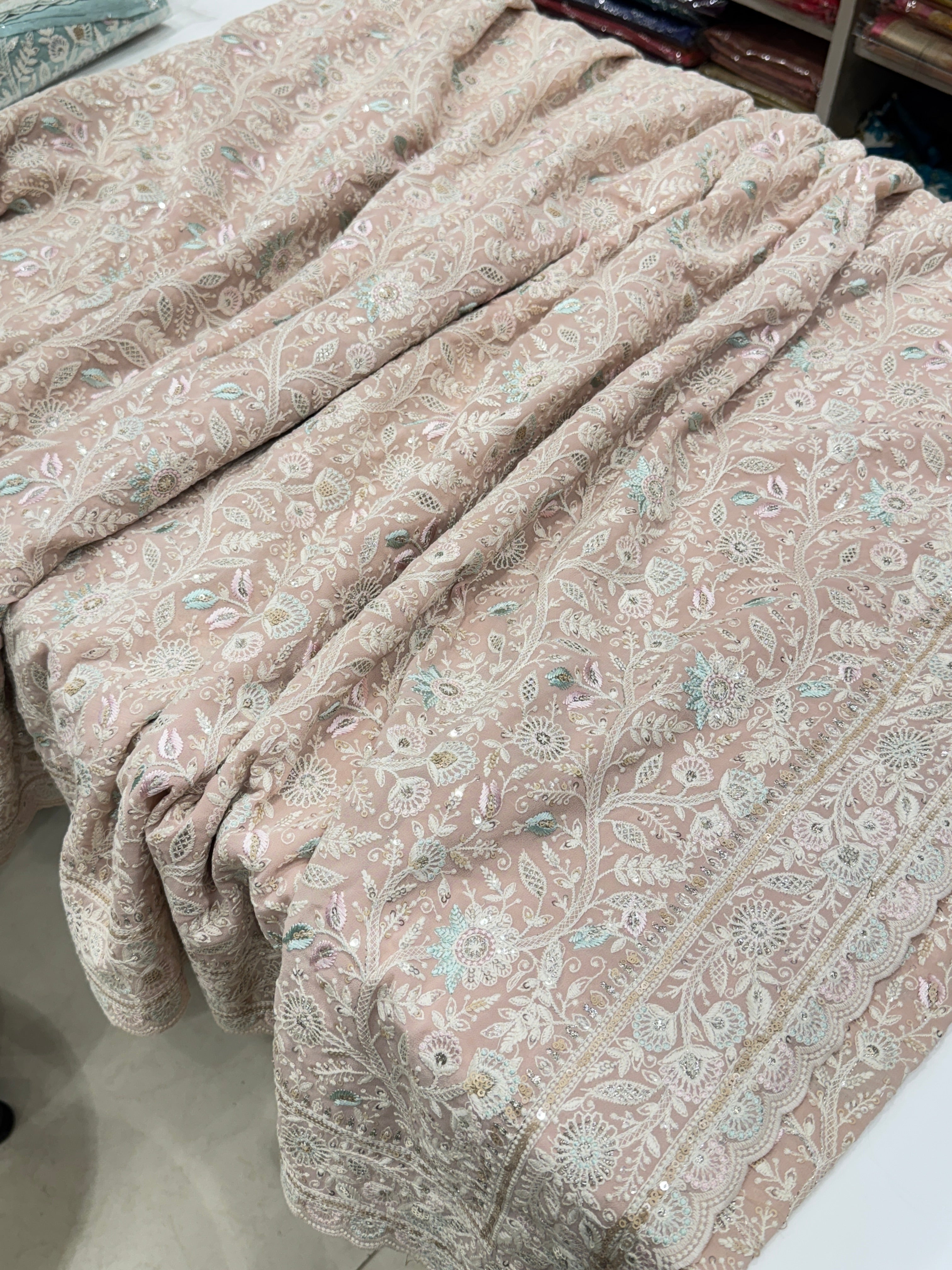 Nude Pink Meenakari Chikankari Scallop Design Saree