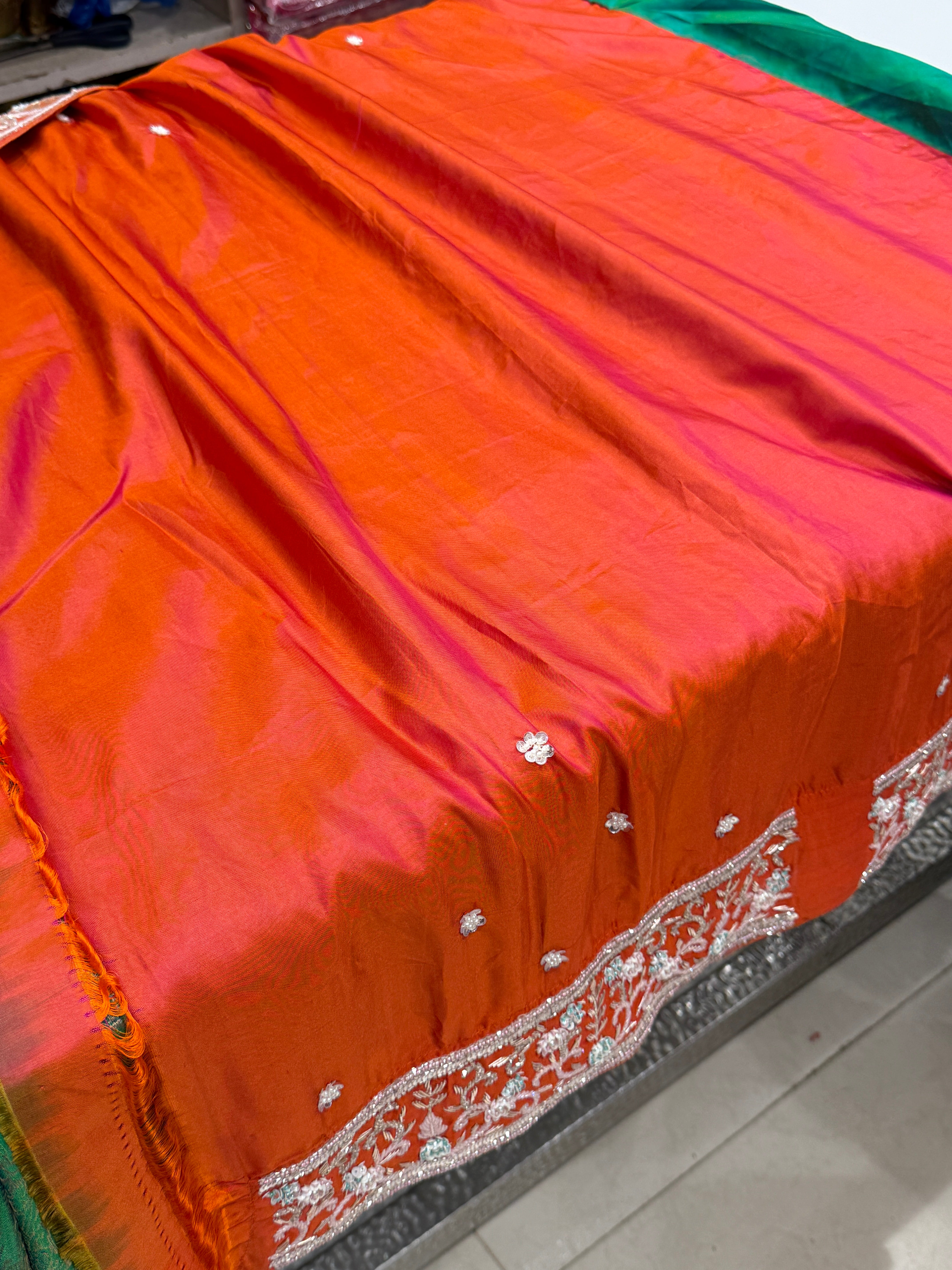 Green Orange Handloom Kanjivaram Hand Embroidery Saree