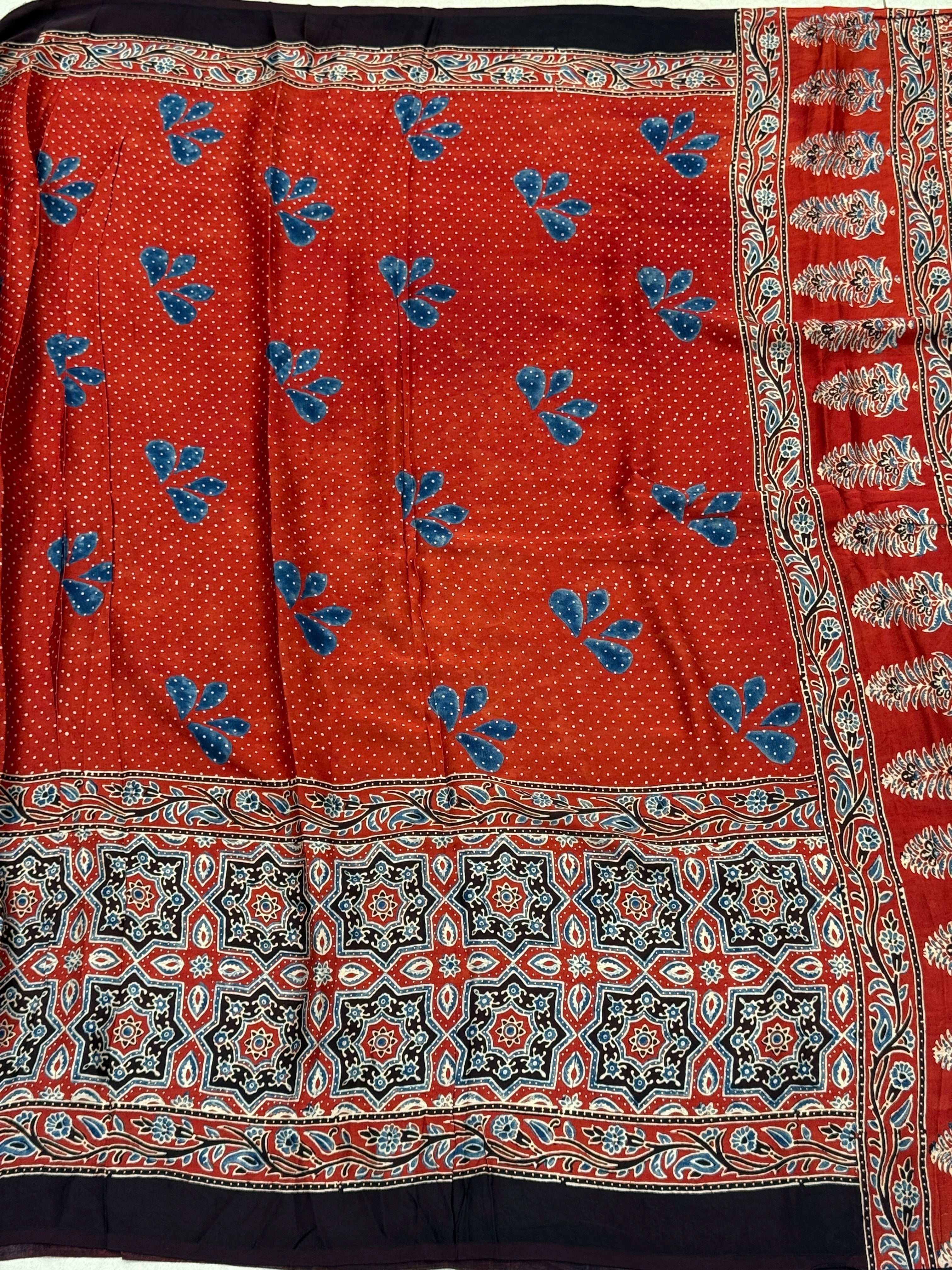Red Makhi Butti Ajrakh Modal Gajji Silk Saree