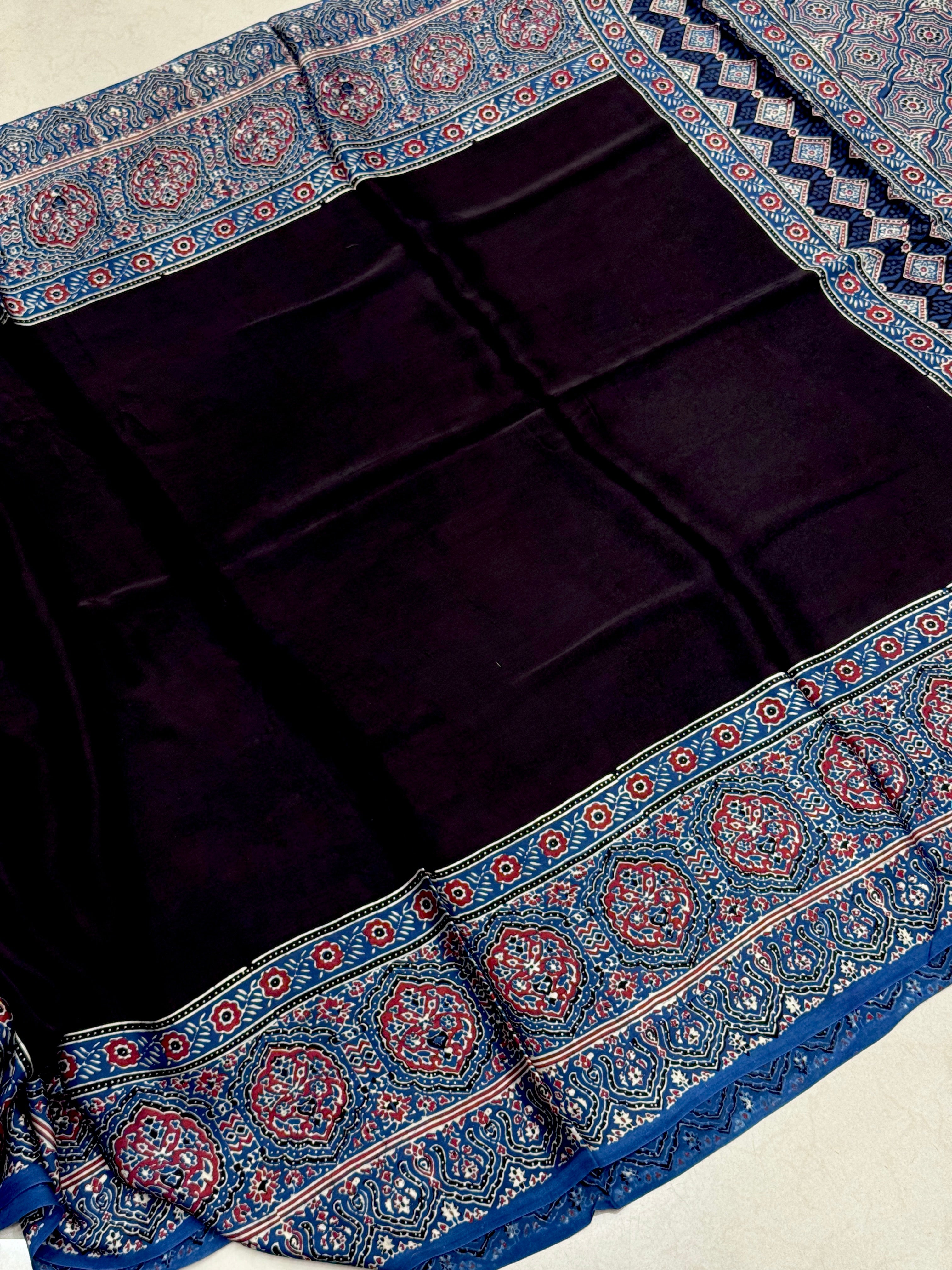 Black Plain Border Hand Block Print Ajrkah Pure Gajji Silk Saree