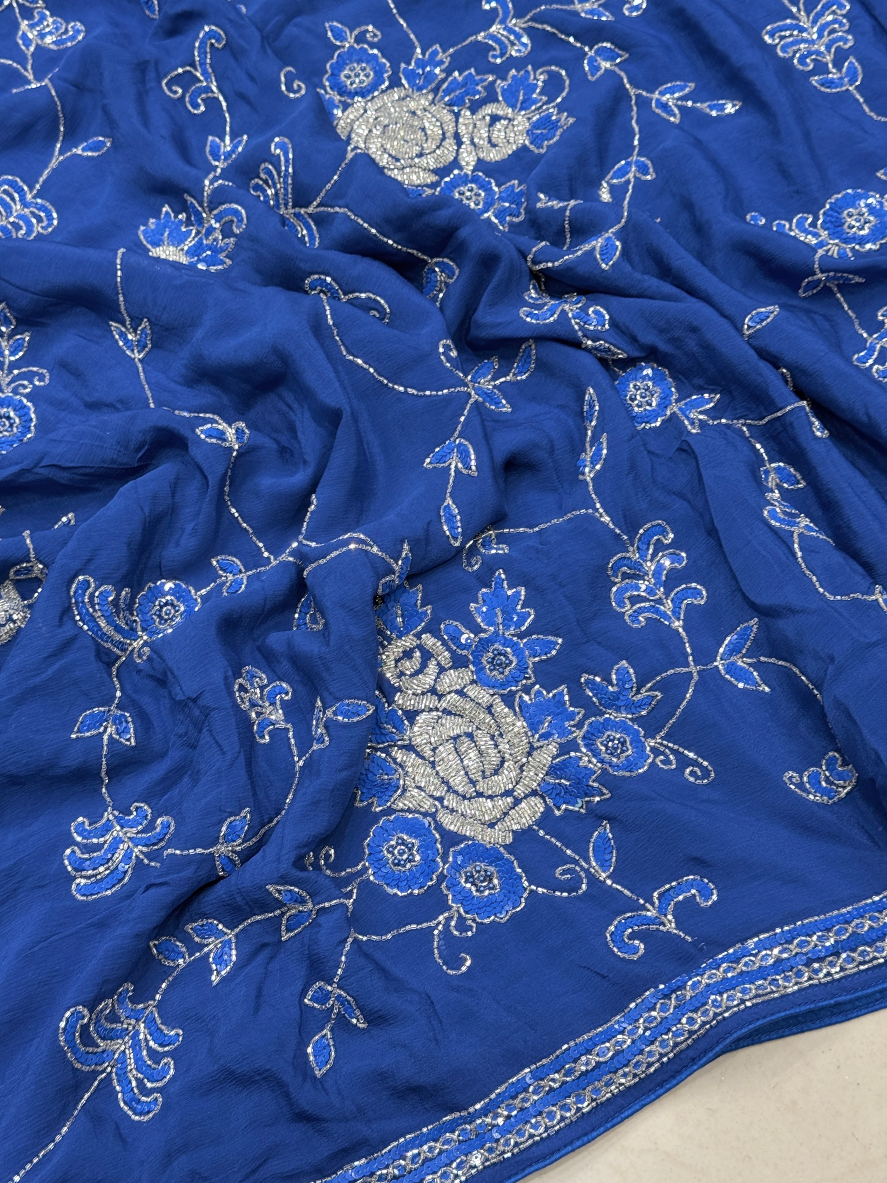 Blue on Blue Georgette Hand Embroidery Jaal Saree