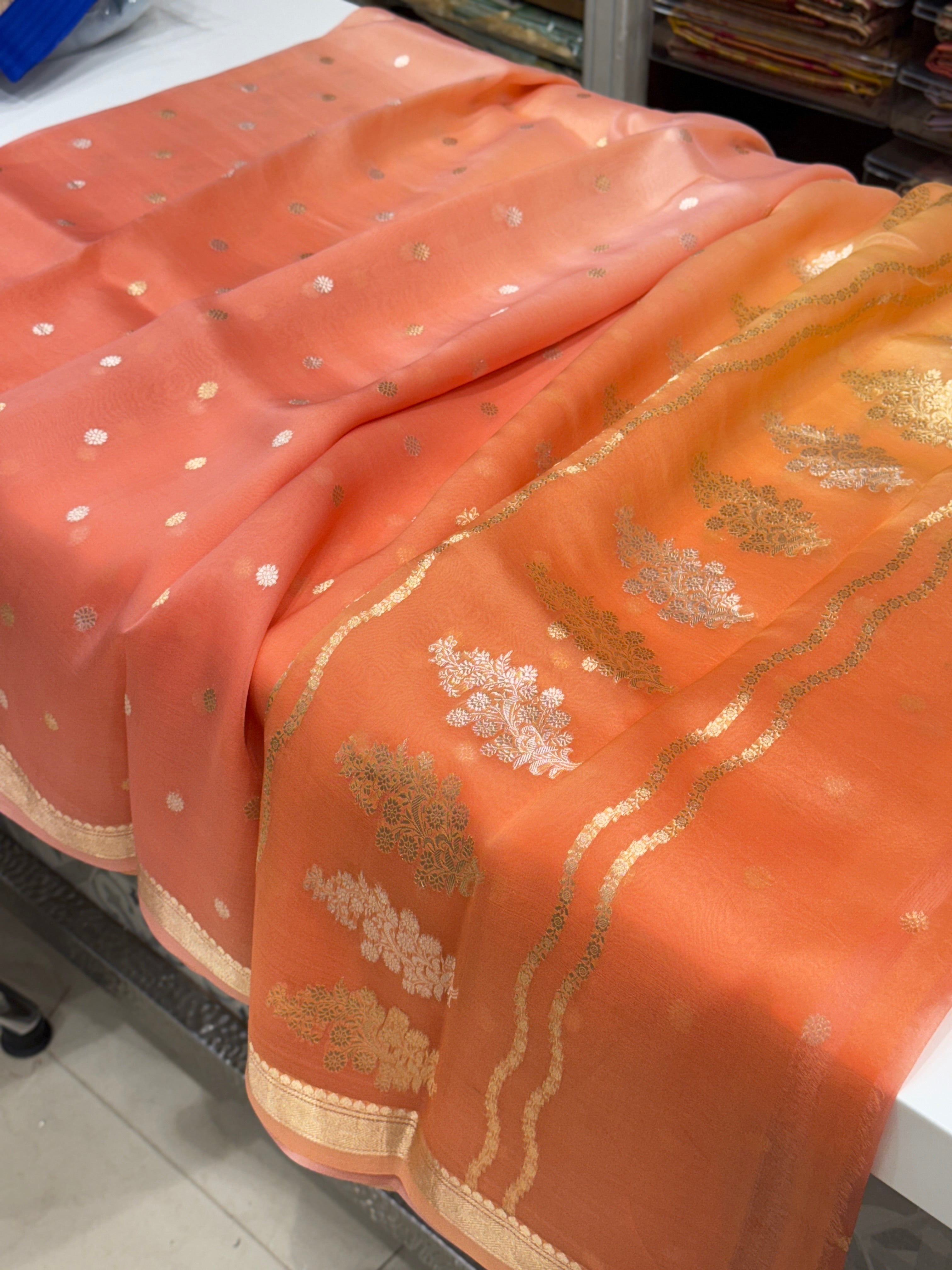 Orange Shaded Banarasi Handloom Kora Saree