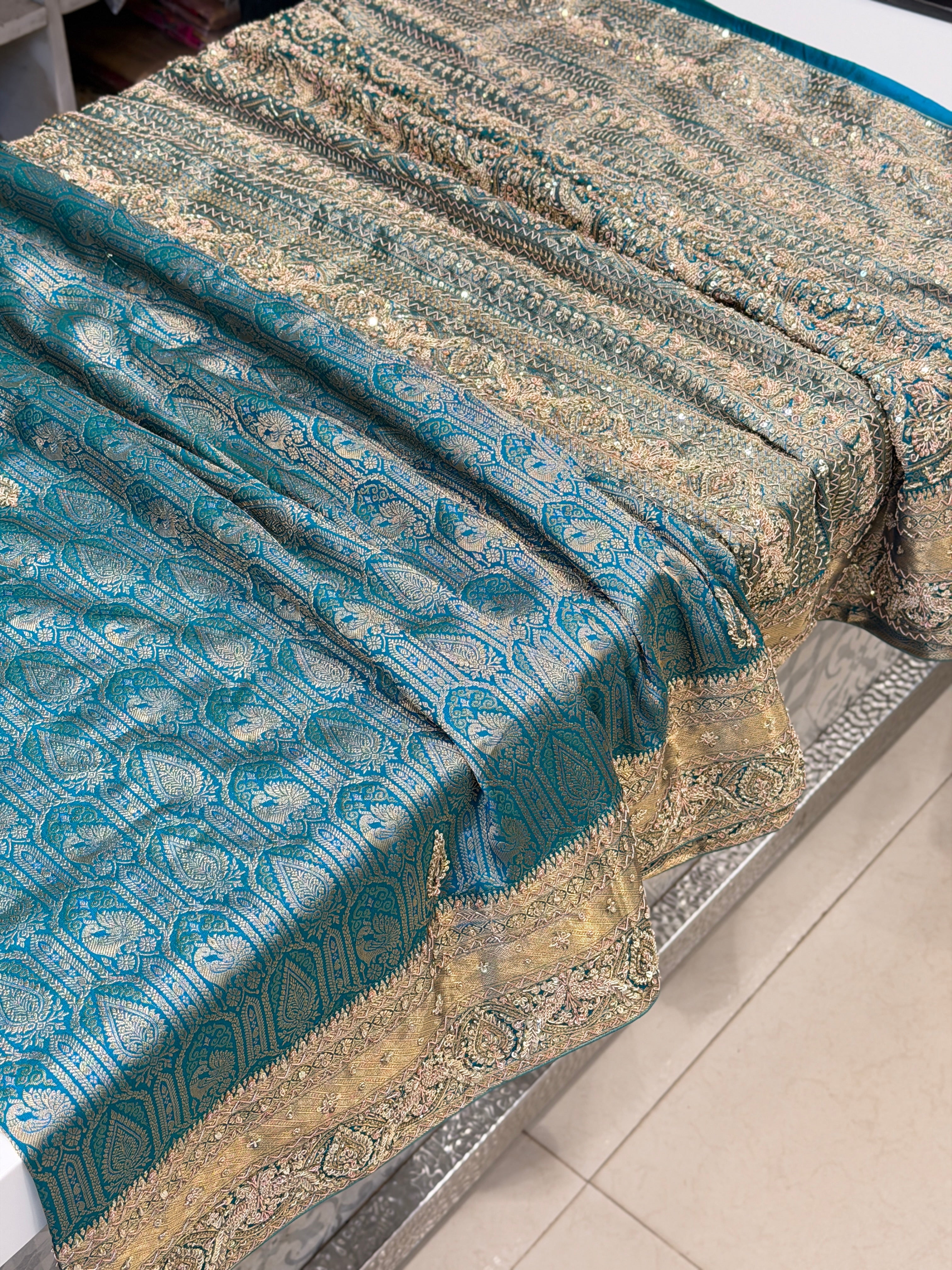 Sea Green Kanjivaram Peacock Motif Zardosi Hand Embroidery Saree