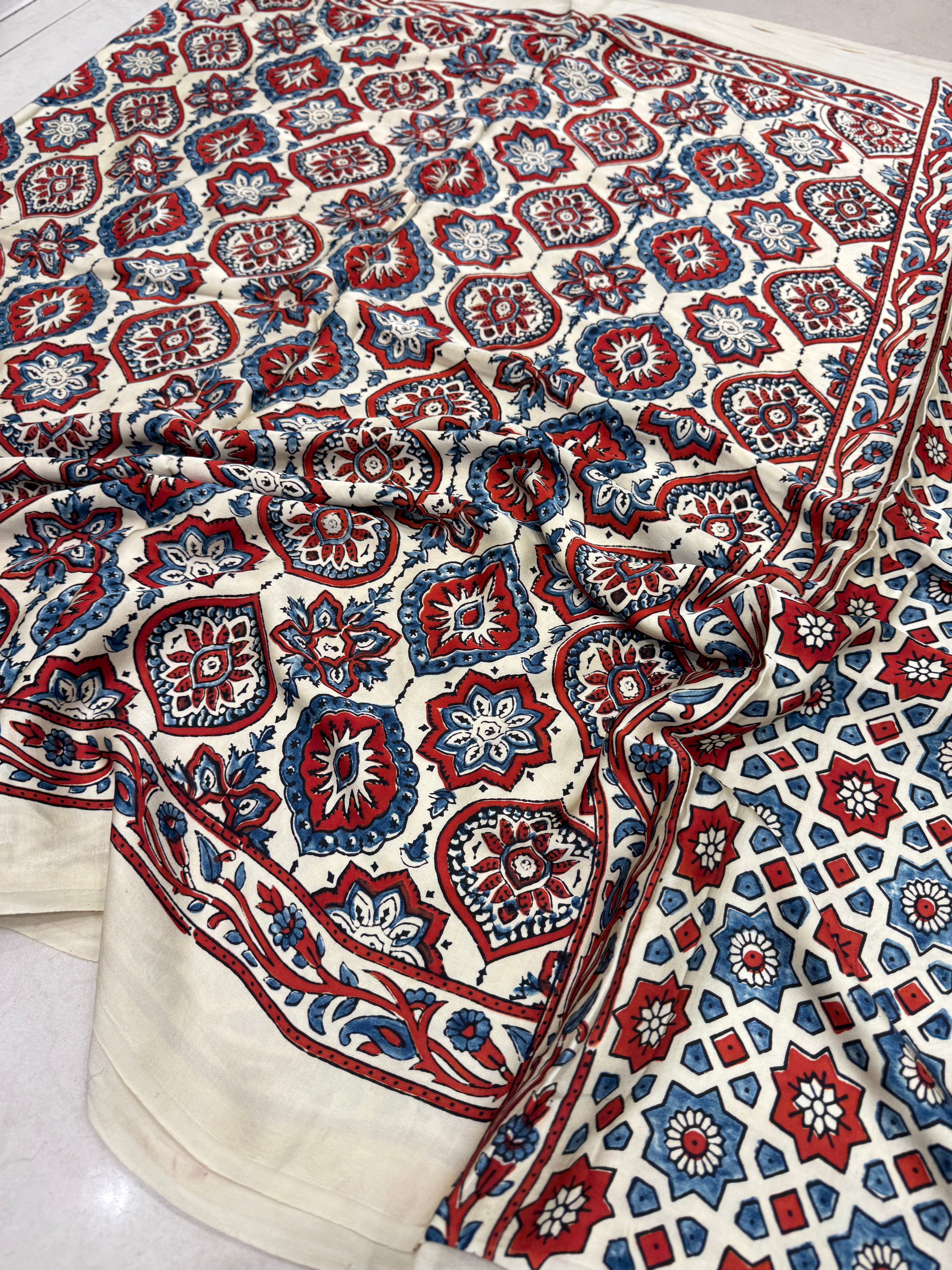 White Badam Buttas Jaal Ajrakh Modal Gajji Silk Saree