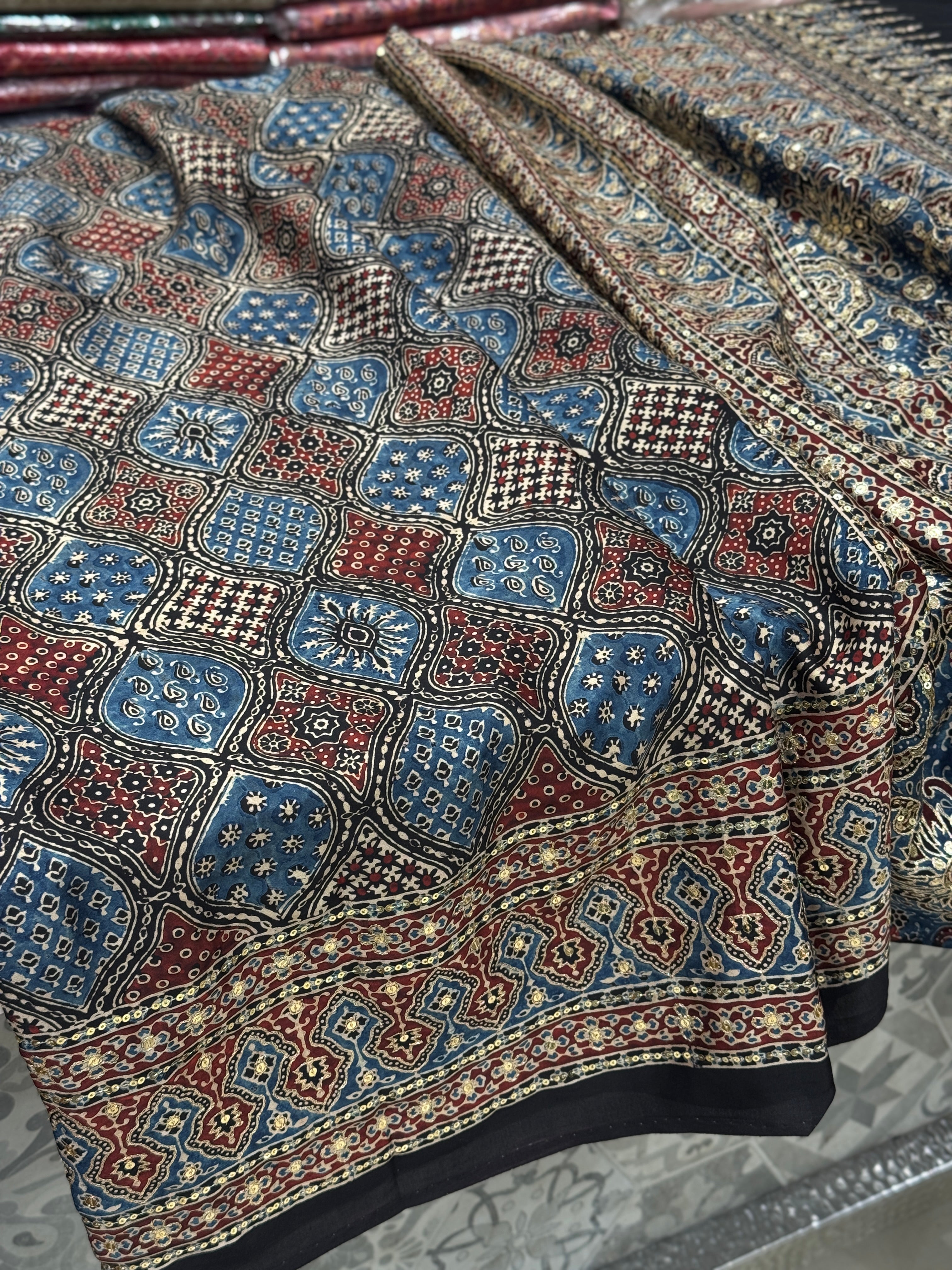 Blue Badam Abstract Jaal Pita Sequin Ajrakh Hand Embroidery Saree