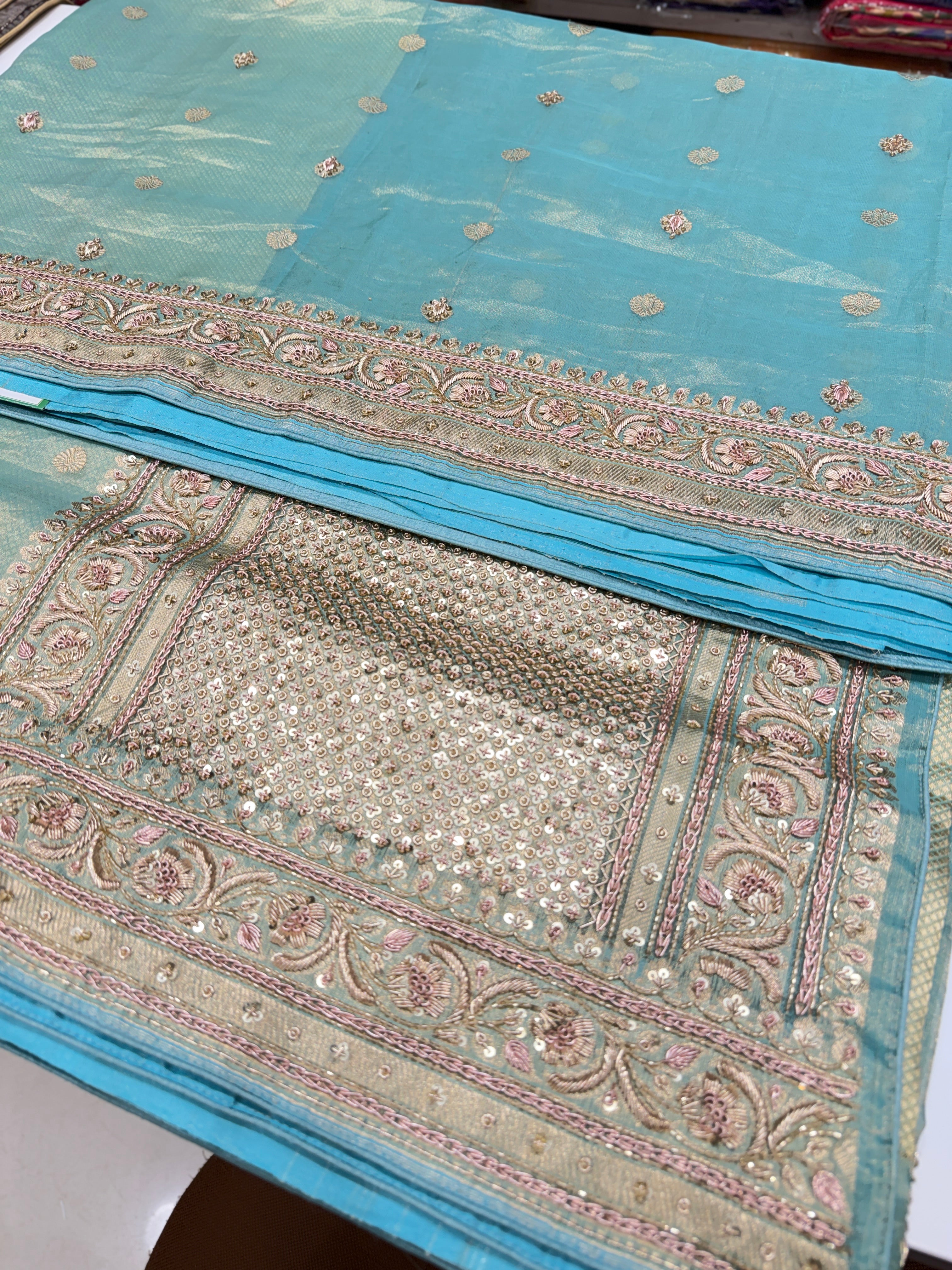 Sea Green Banarasi Tissue Handloom Kadwa Weave Zardosi Embroidery Saree