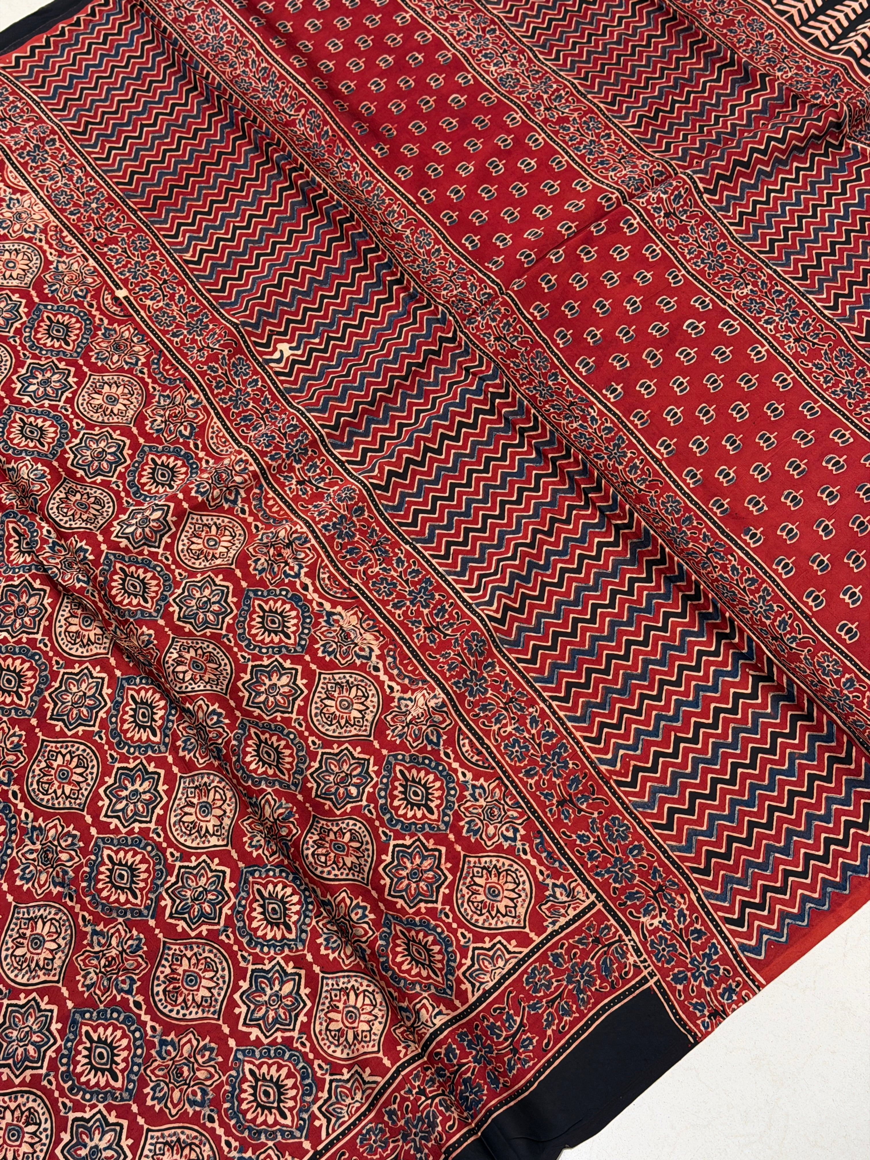 Red Badam Jaal Ajrakh Block Print Hand Pure Gajji Silk Saree