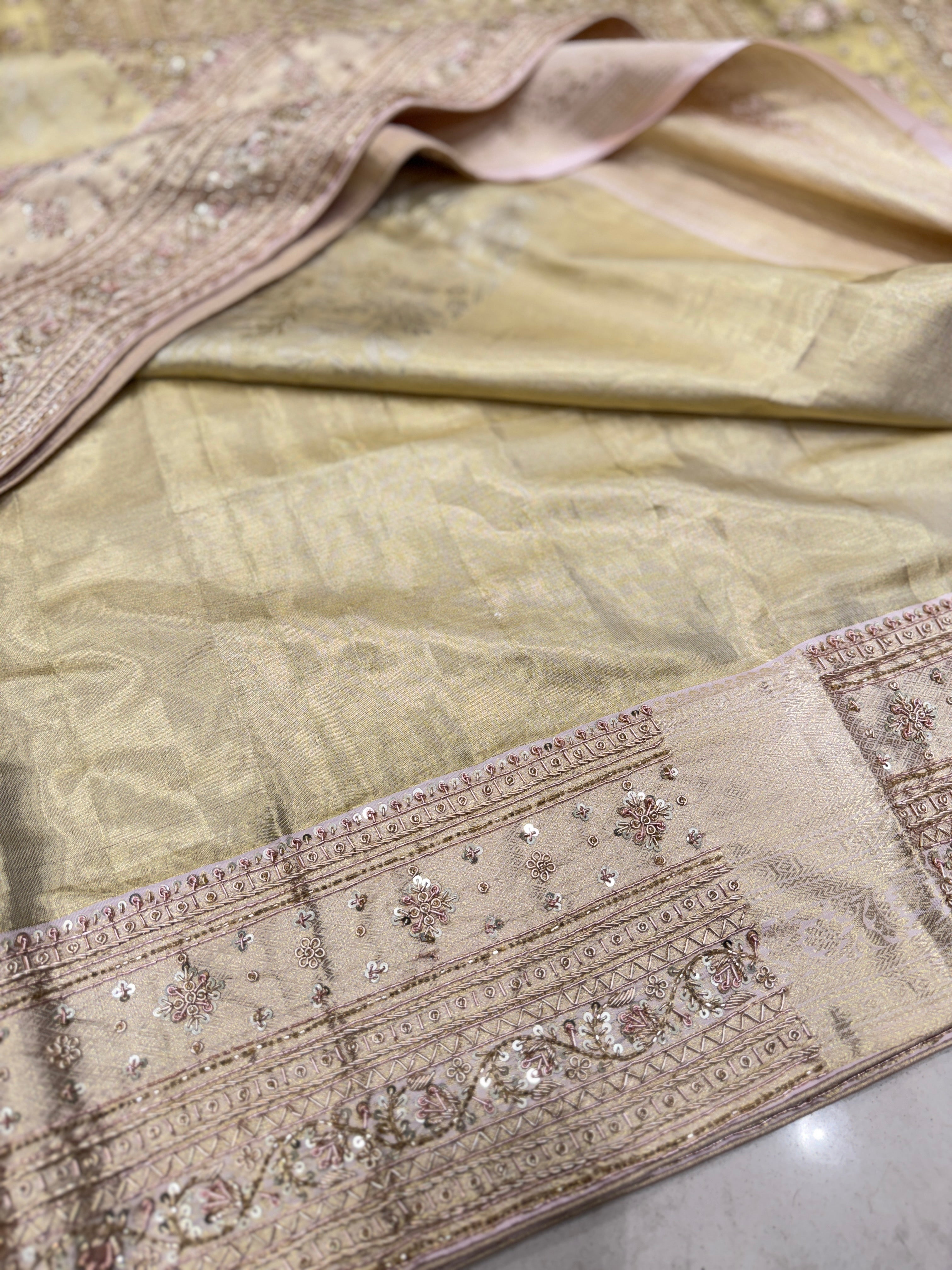 Beige Gold Tissue Kanjivaram Zardosi Hand Embroidery Saree
