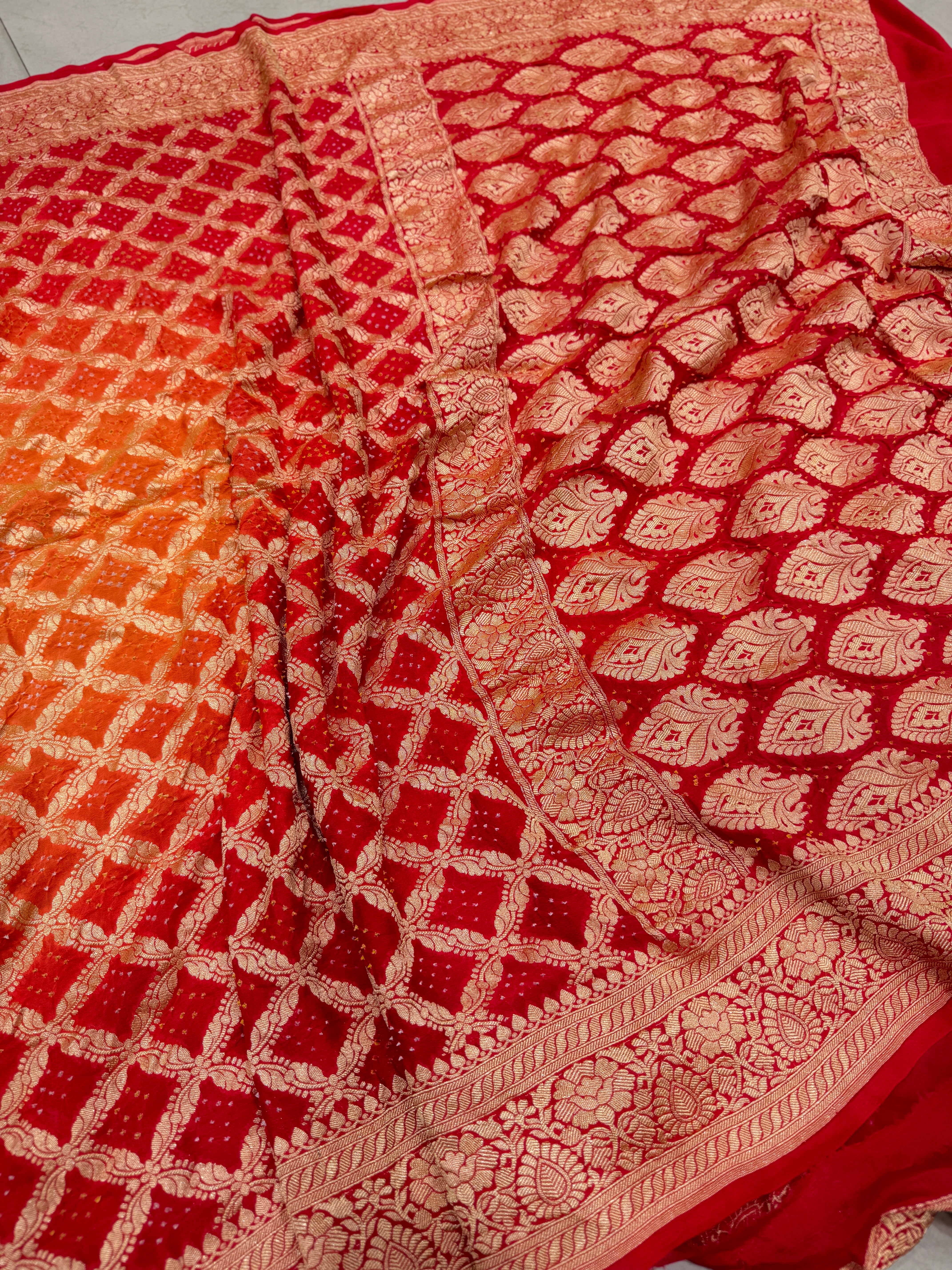 Orange Red Shaded Georgette Handloom Bandhej Bandhini Saree