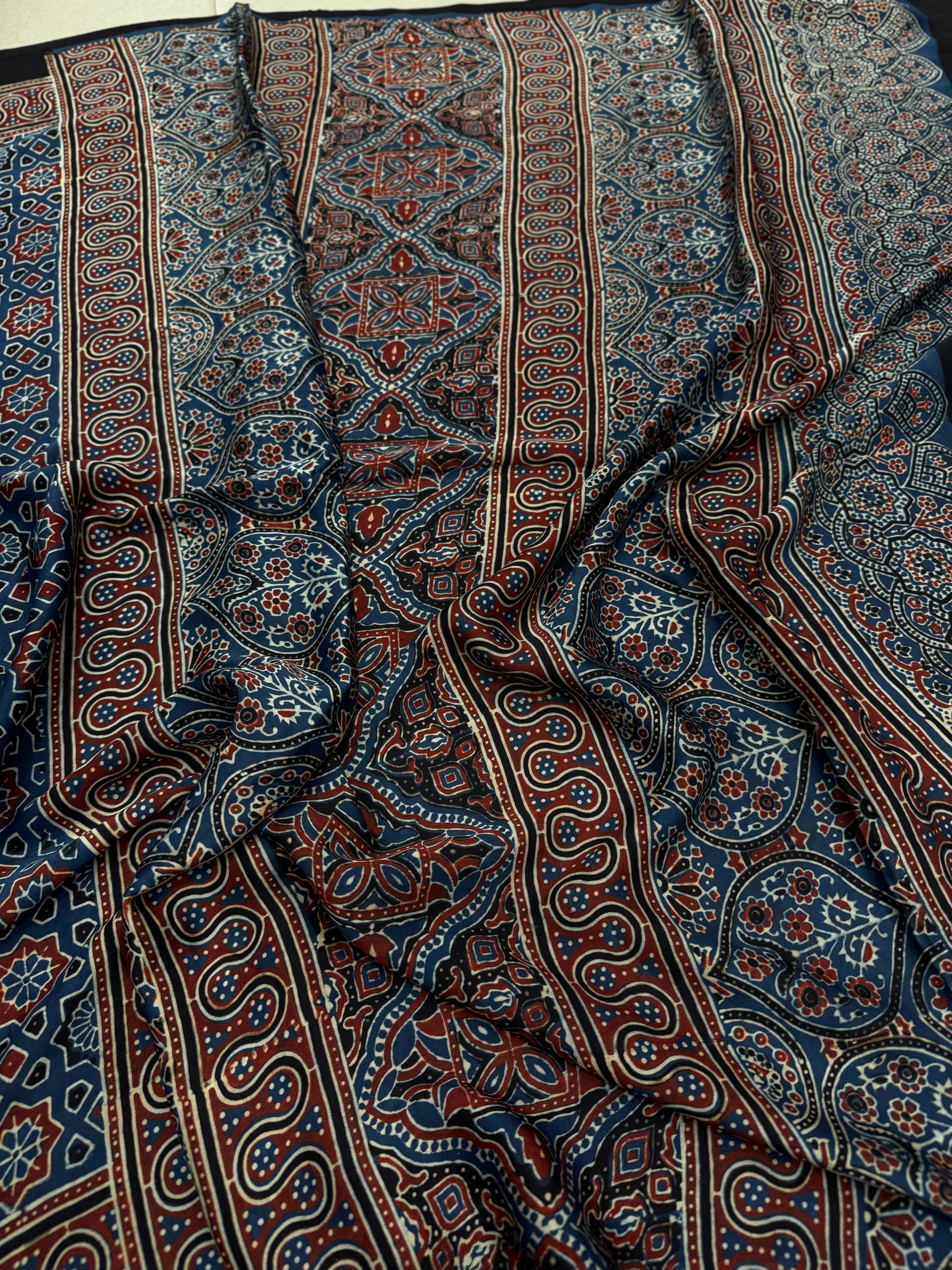 Blue Star Hand Block Print Ajrkah Pure Gajji Silk Saree