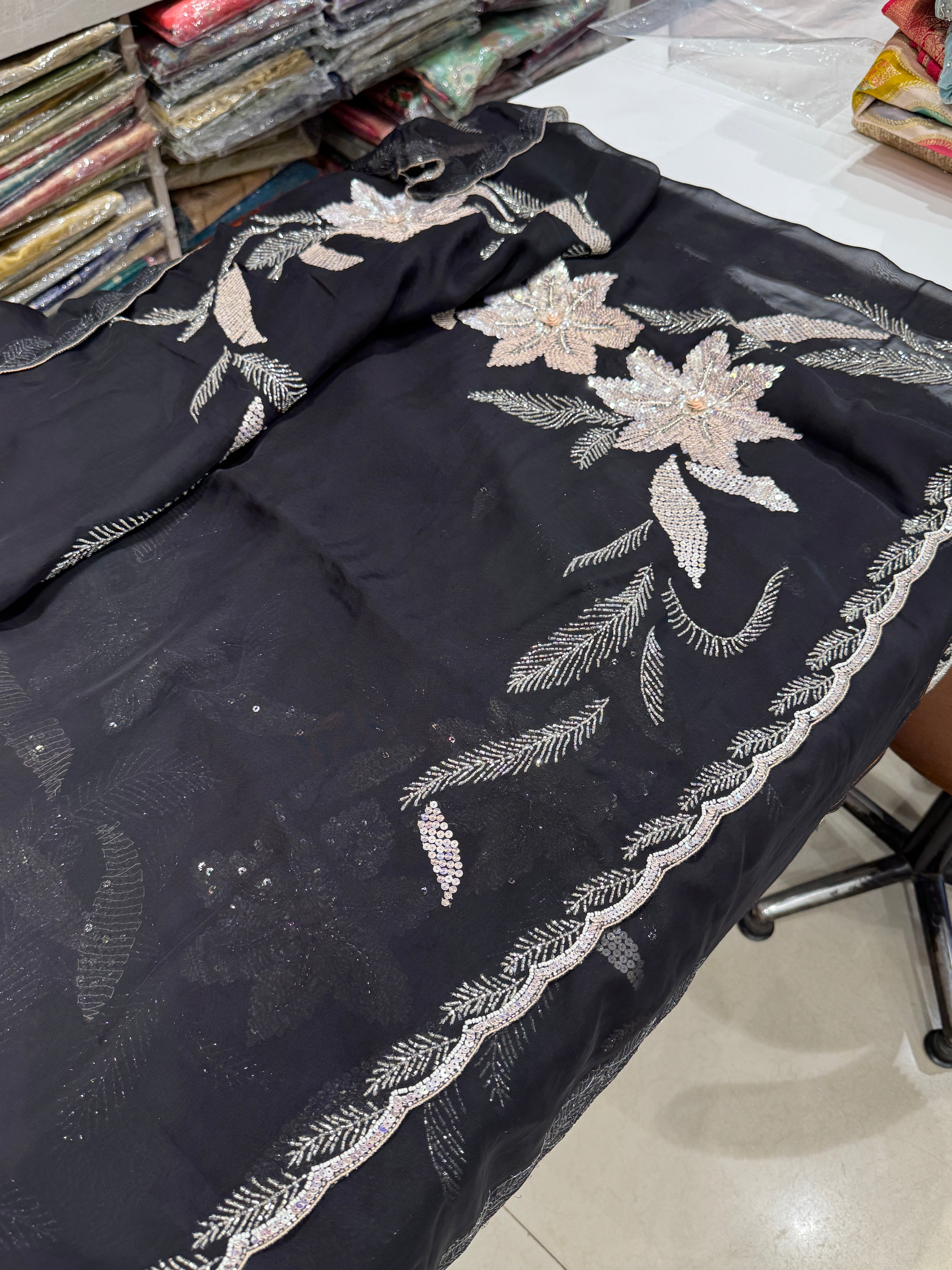 Black Satin Organza Embroidery Saree