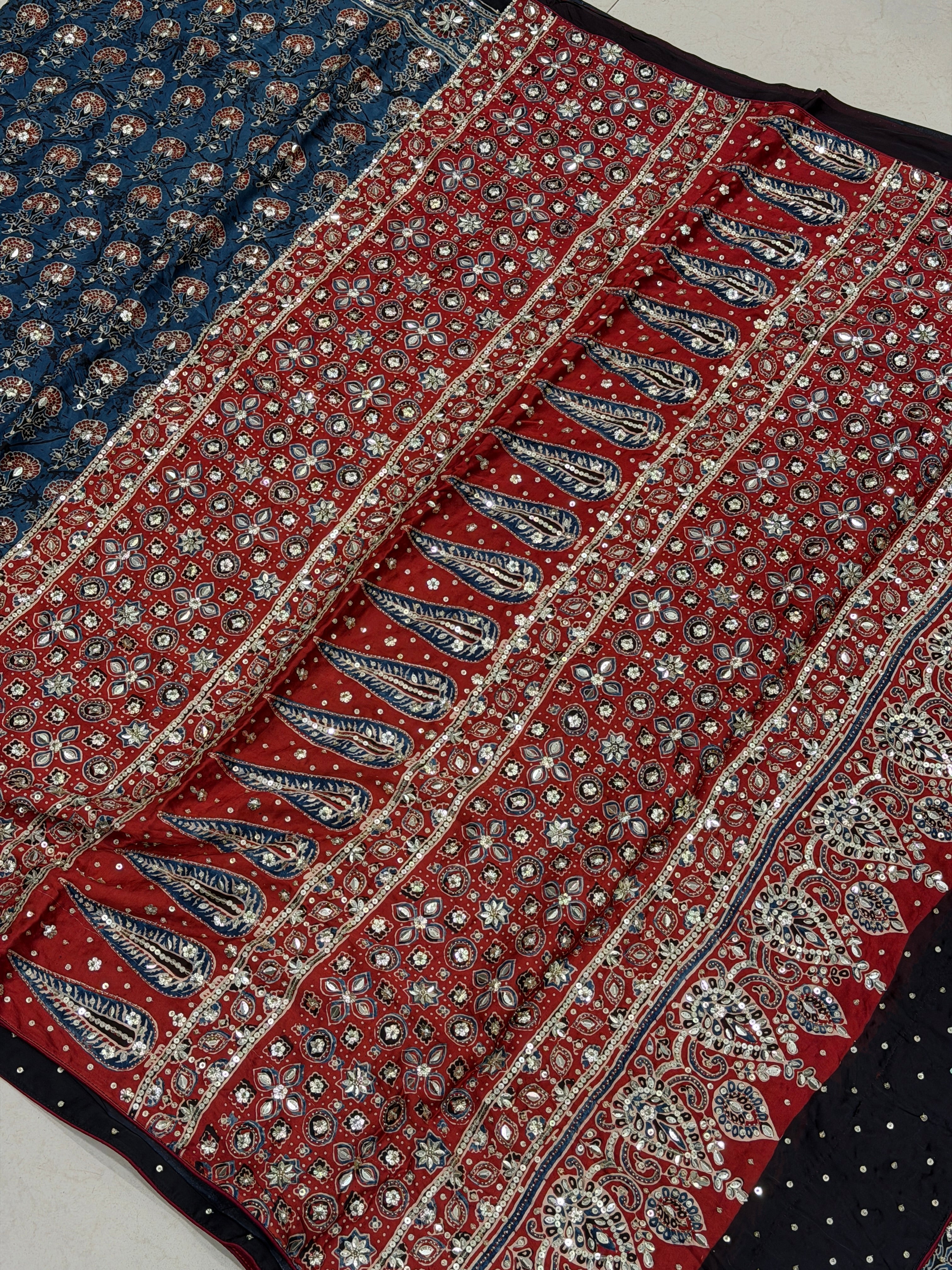 Blue Red Buttas Ajrakh Sequin Moti Hand Embroidery Saree