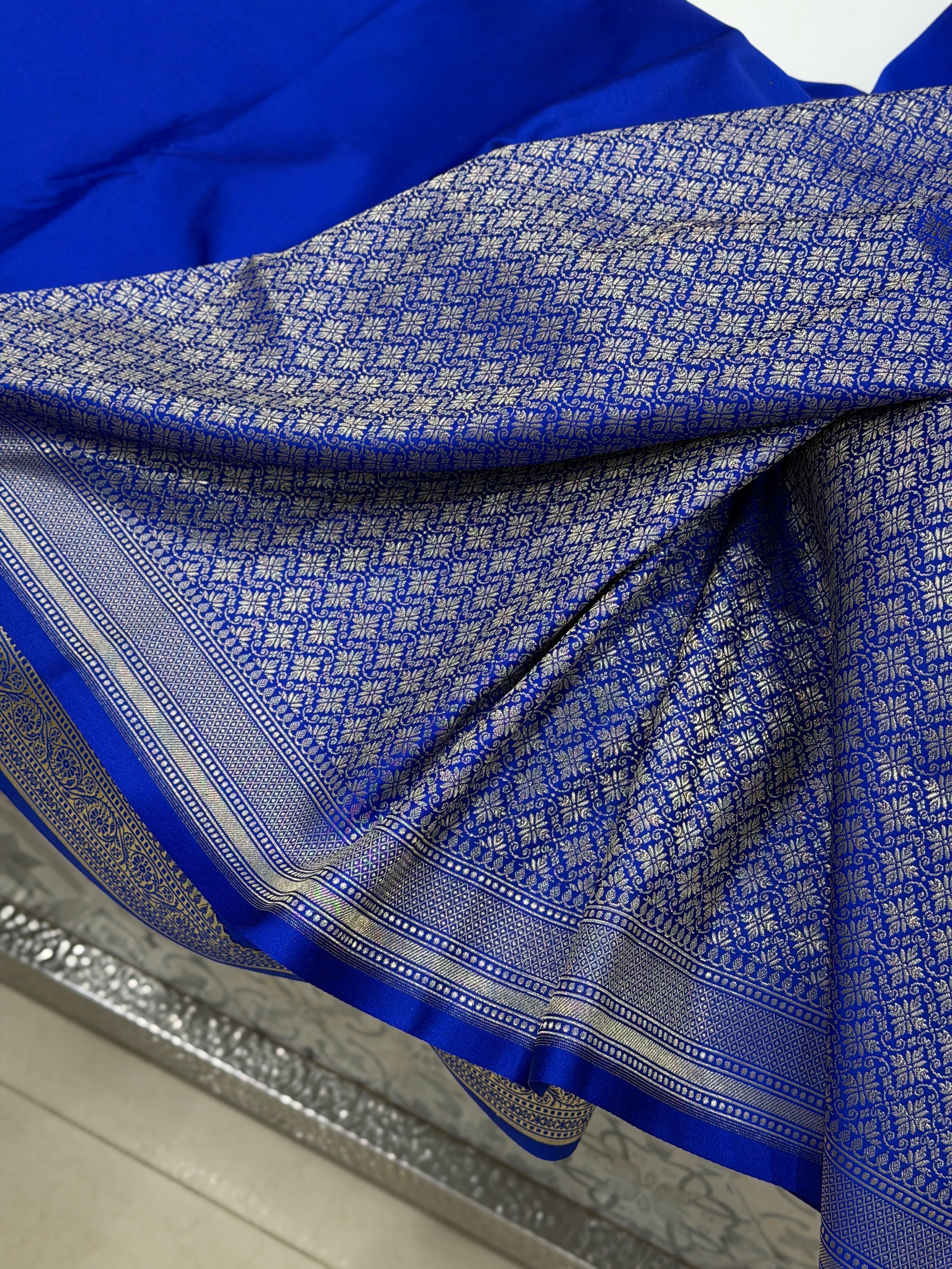Royal Blue Banarasi Silk Plain Small Border Saree