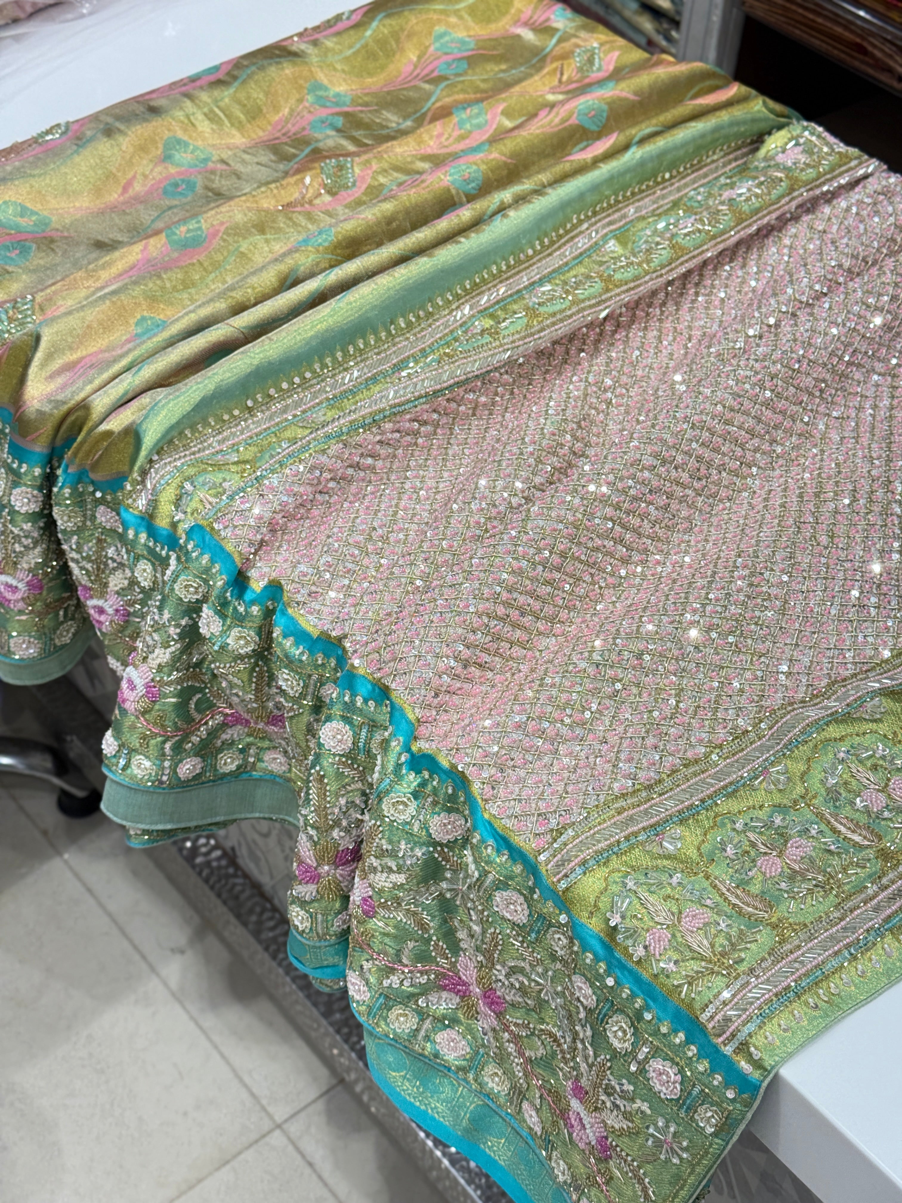 Green Meenakari Tissue Kanjivaram Hand Embroidery Saree