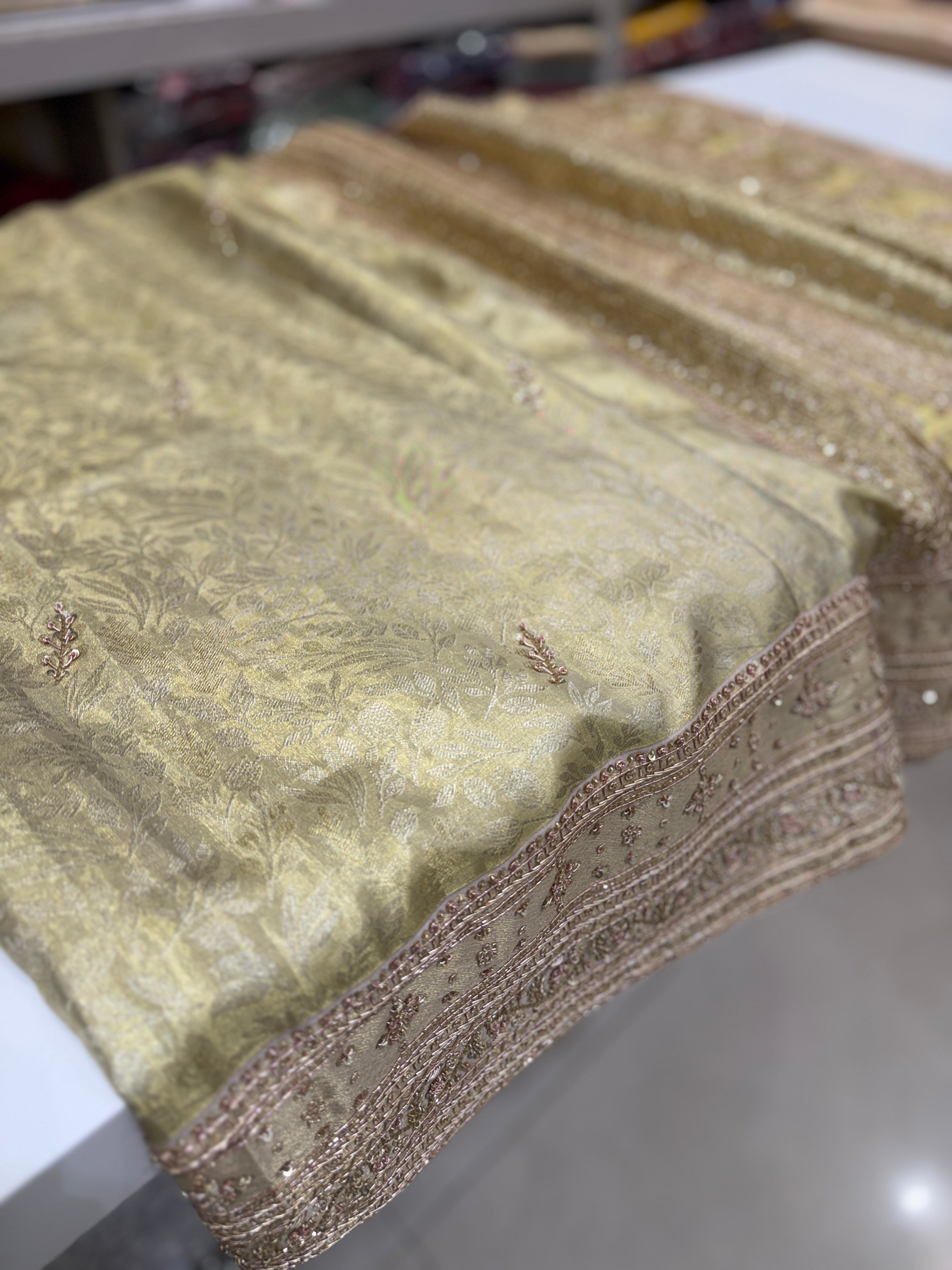 Beige Gold Tissue Kanjivaram Zardosi Hand Embroidery Saree