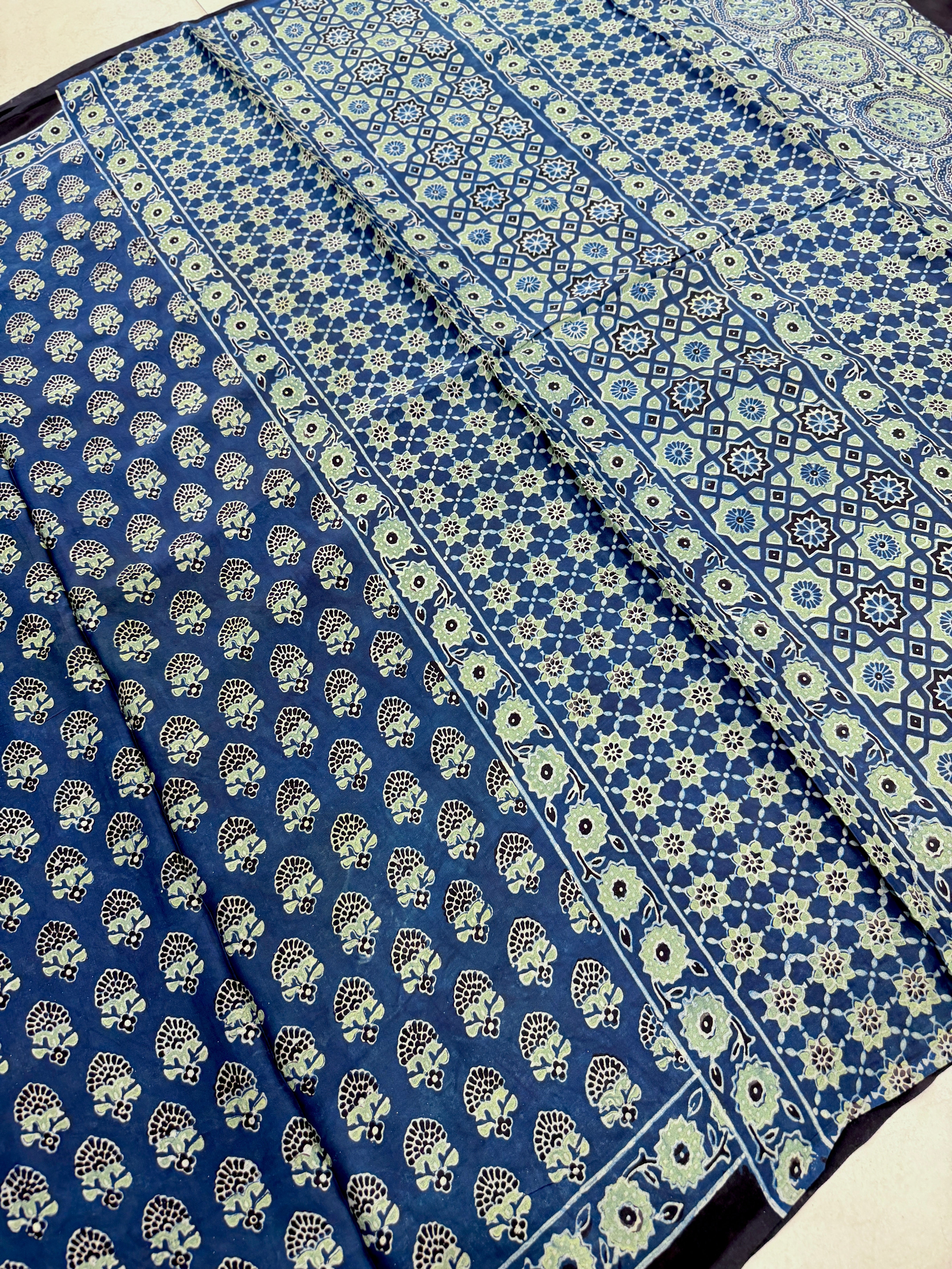 Blue Buttis Ajrakh Hand Block Print Pure Gajji Silk Saree