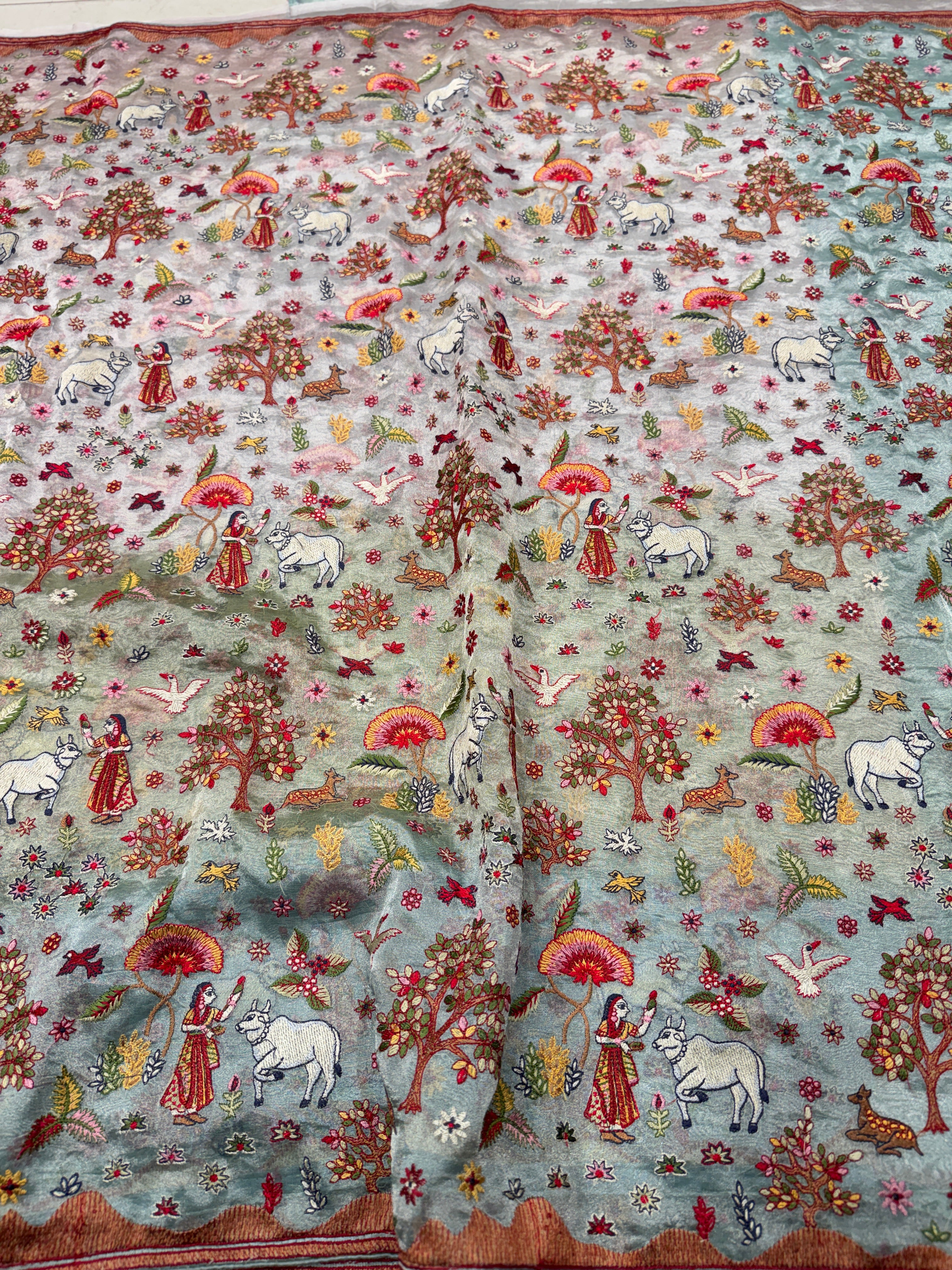 Nita Ambani Inspired Jamdani Style Embroidery Tissue Silk Saree