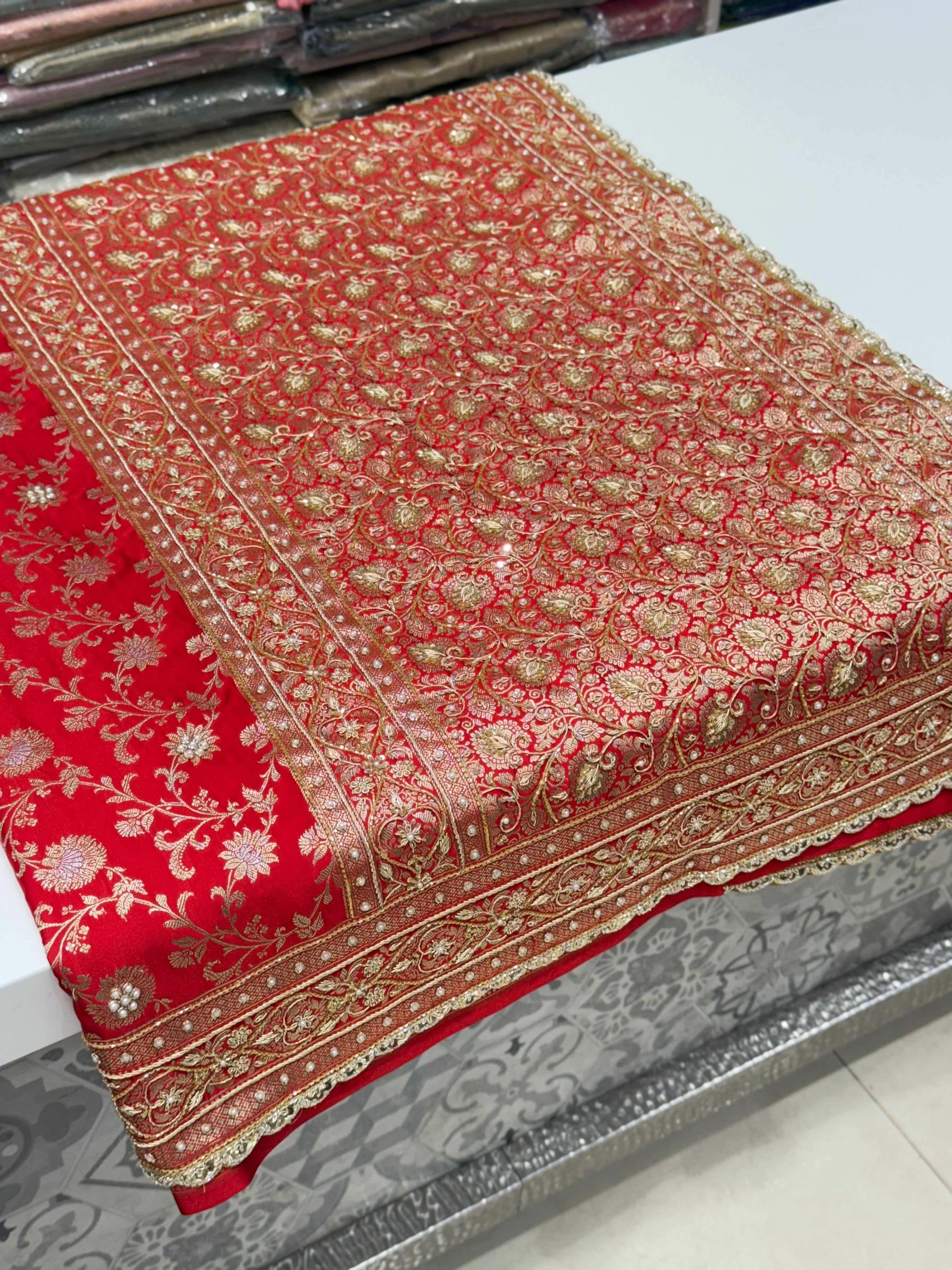 Red Small Jaal Banarasi Zardosi Embroidery Saree
