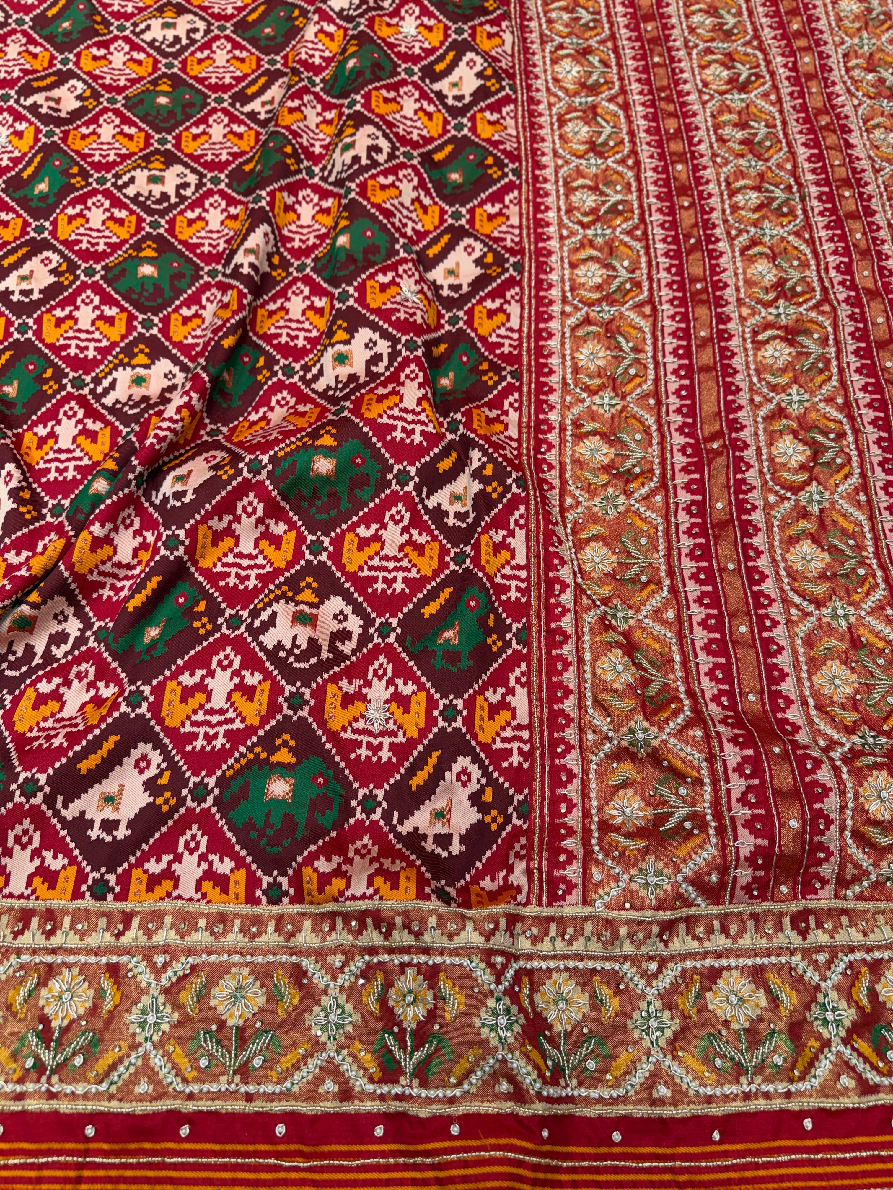 Maroon Patola Check Hand Embroidery Saree