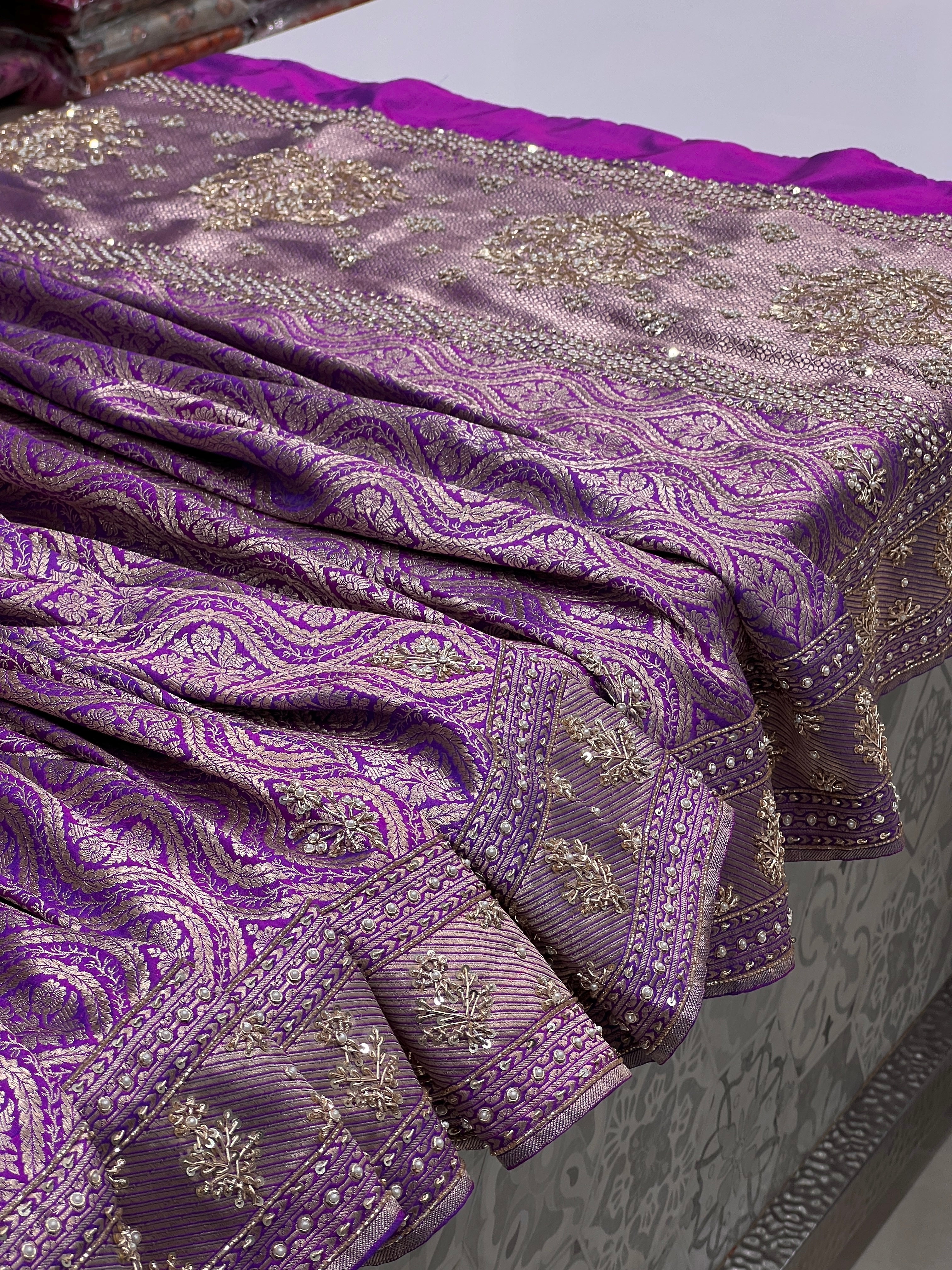 Purple Katan Silk Hand Embroidery Saree