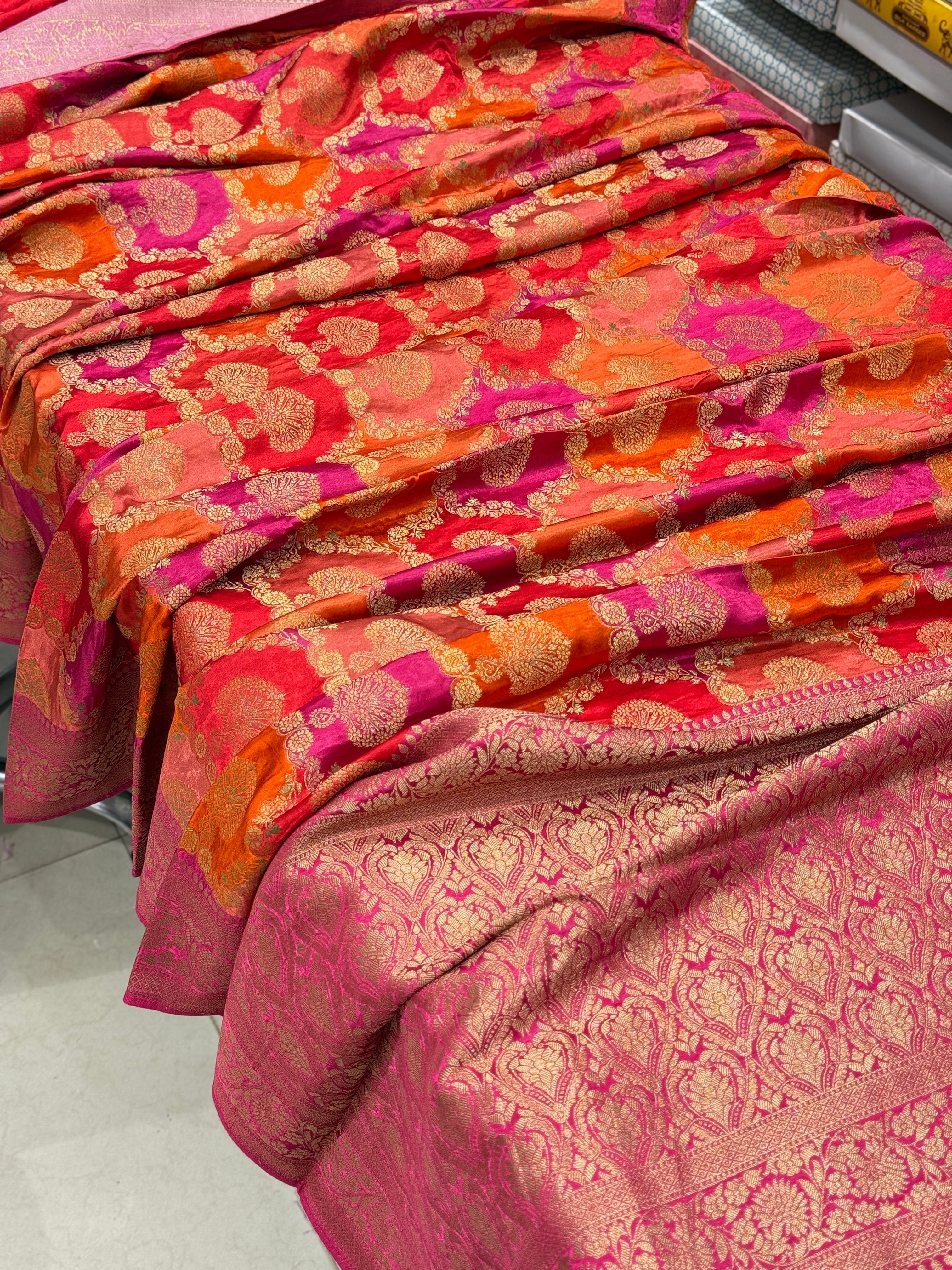 Orange Rani Butta Banarasi Modal Satin Rangkat Saree