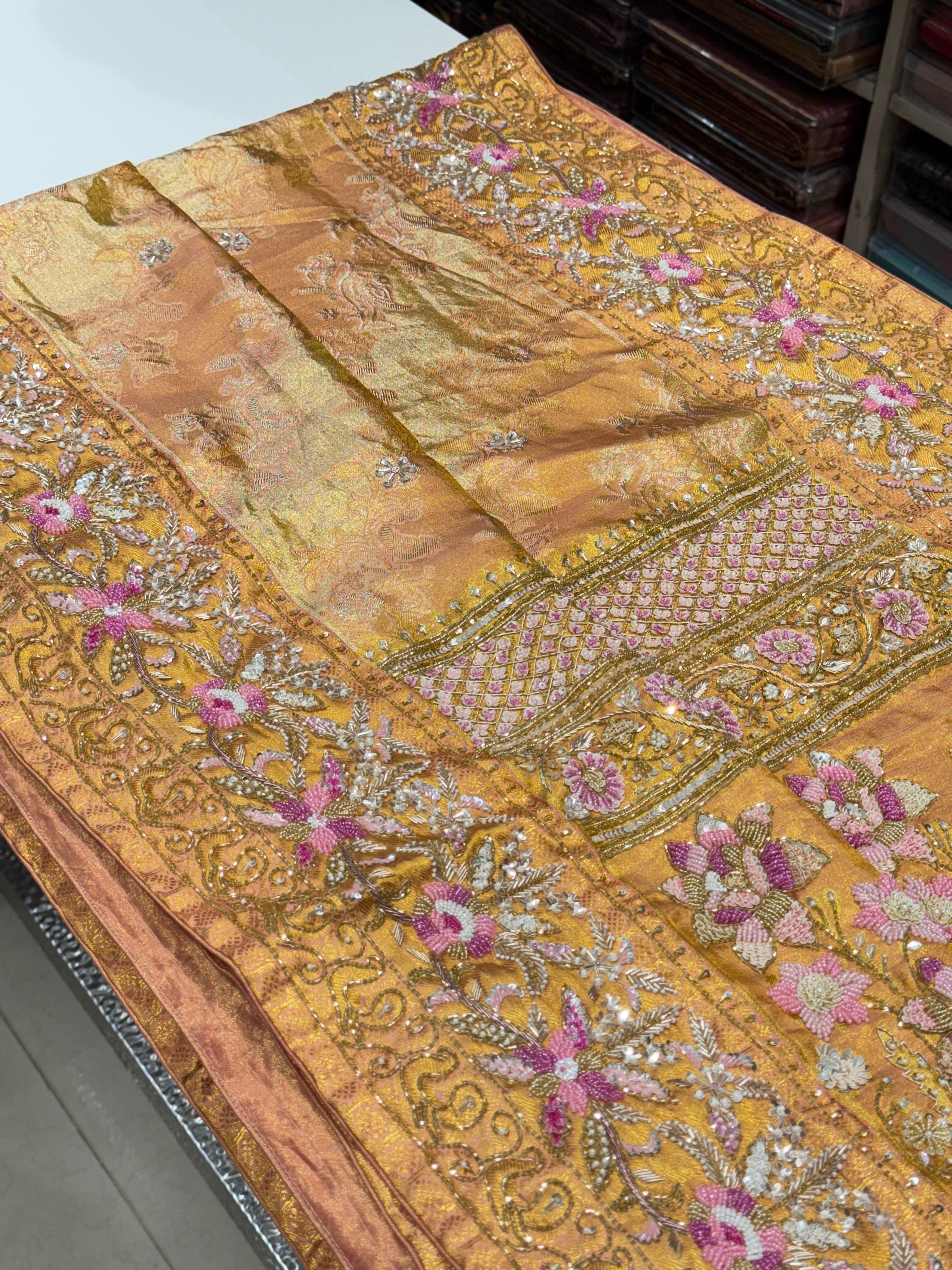 Gold Tissue Kanjivaram Rangkat Hand Embroidery Saree