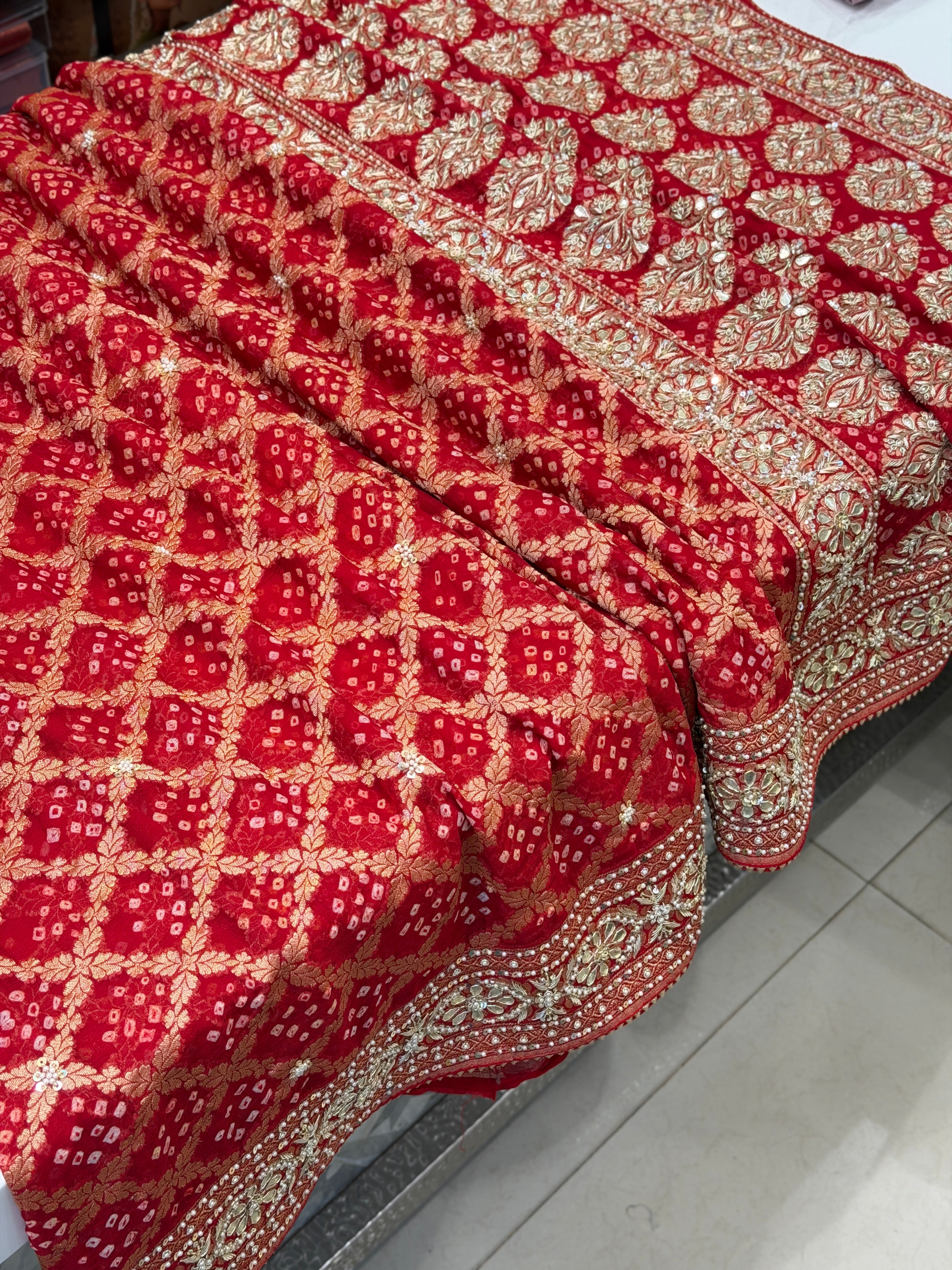 Red Bandhej Zardosi Pita Hand Embroidery Saree